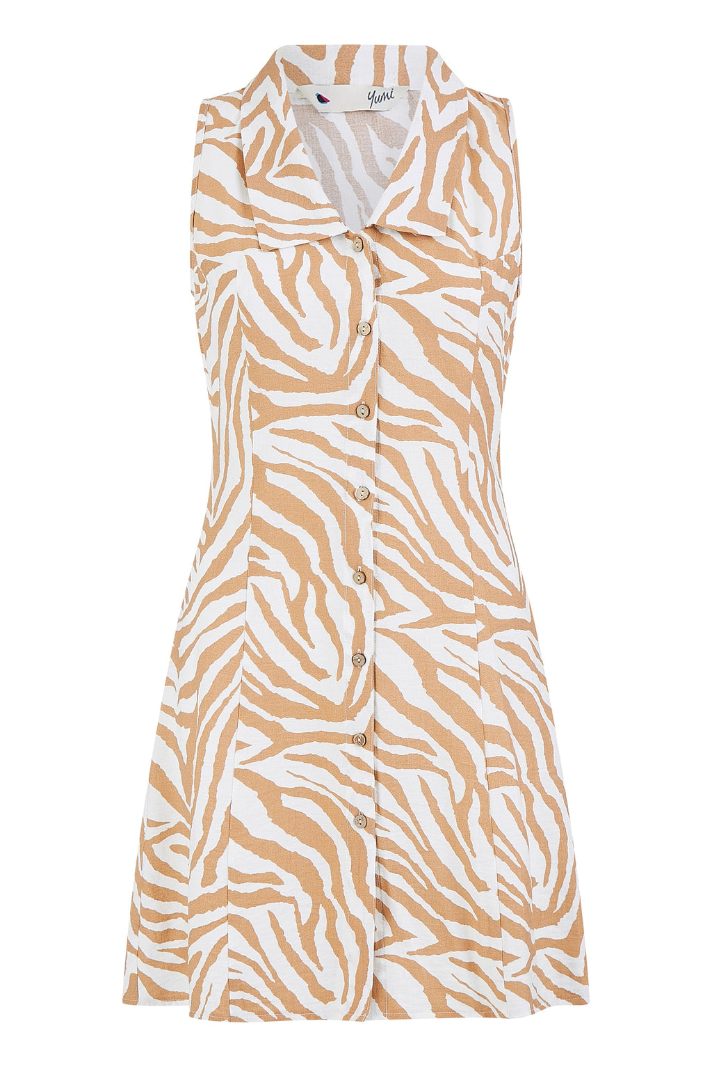 Yumi Brown Zebra Print Collar Sleeveless Shirt Mini Dress