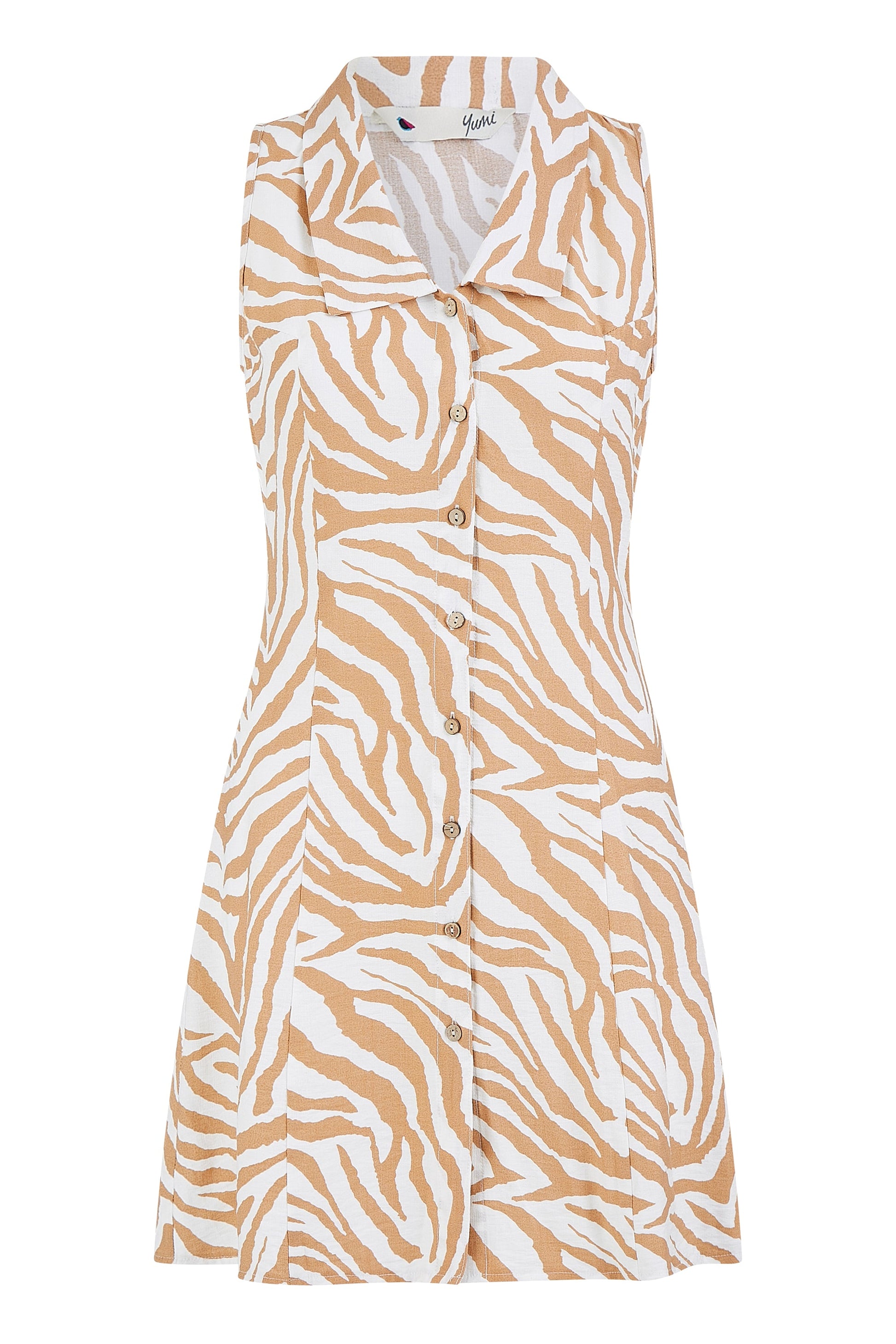 Yumi Brown Zebra Print Collar Sleeveless Shirt Mini Dress