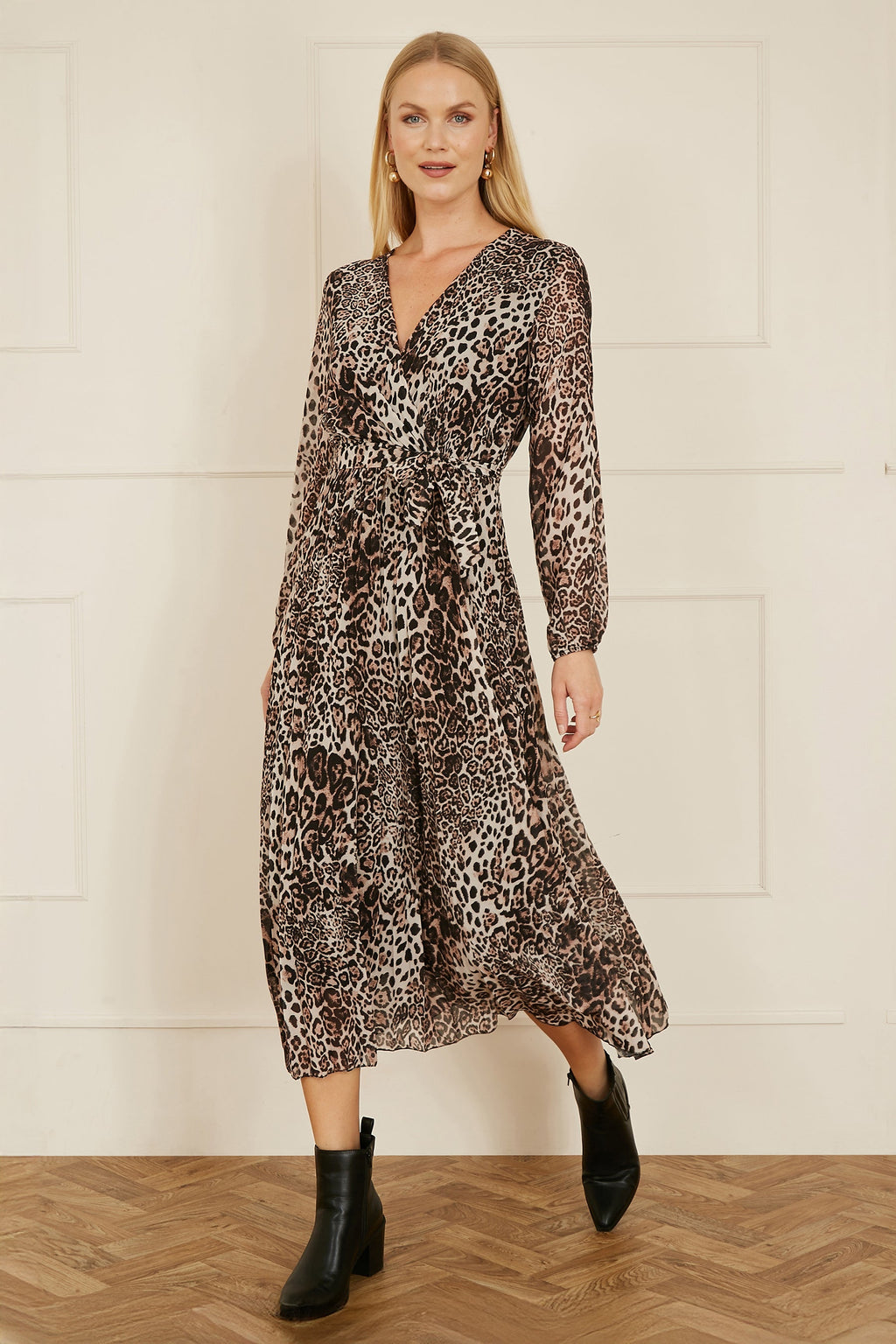 Yumi Brown Leopard Print Pleated Long Sleeve Wrap Midi Dress