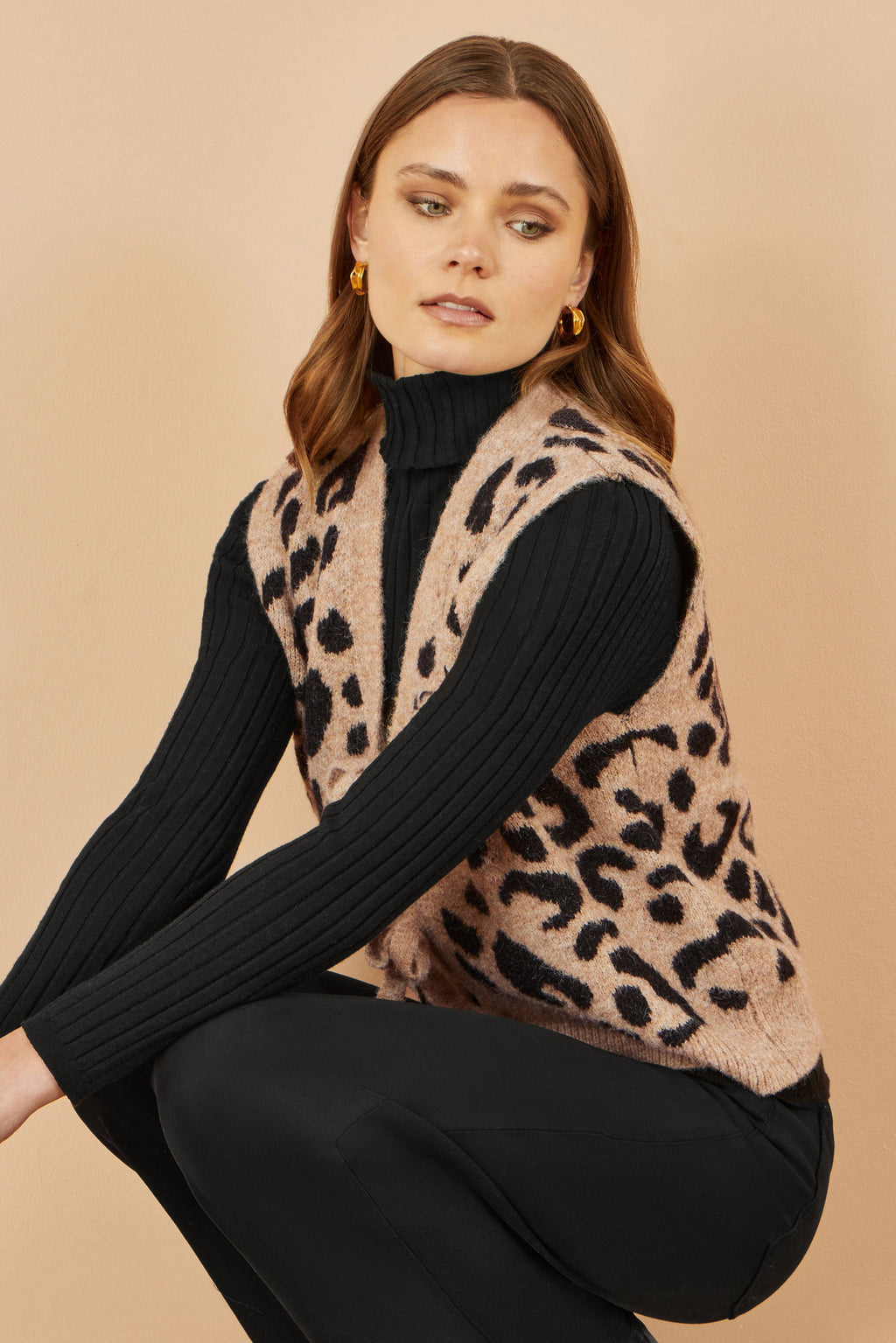 Beige Animal Print Tie Front Waistcoat in Soft Intarsia Knit