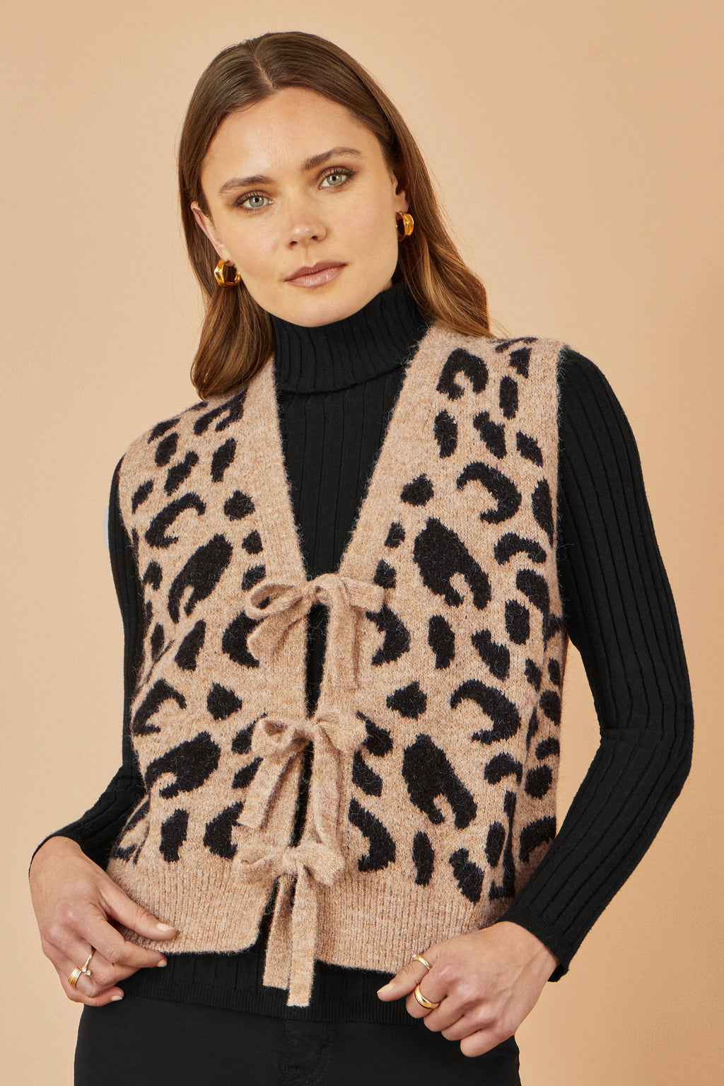 Beige Animal Print Tie Front Waistcoat in Soft Intarsia Knit