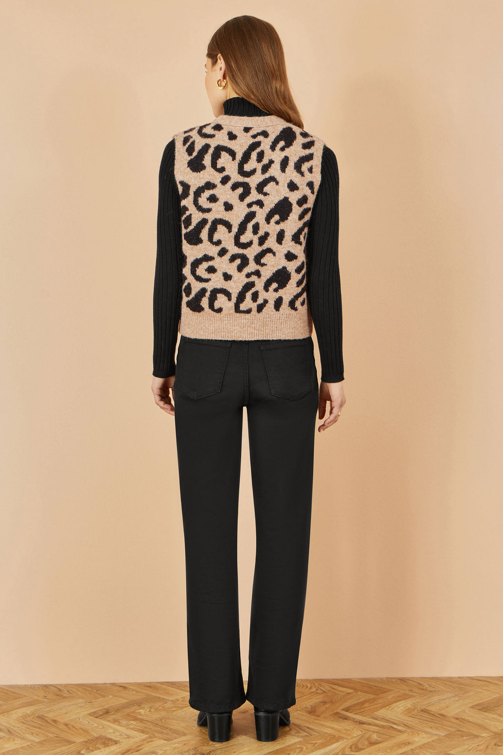 Beige Animal Print Tie Front Waistcoat in Soft Intarsia Knit