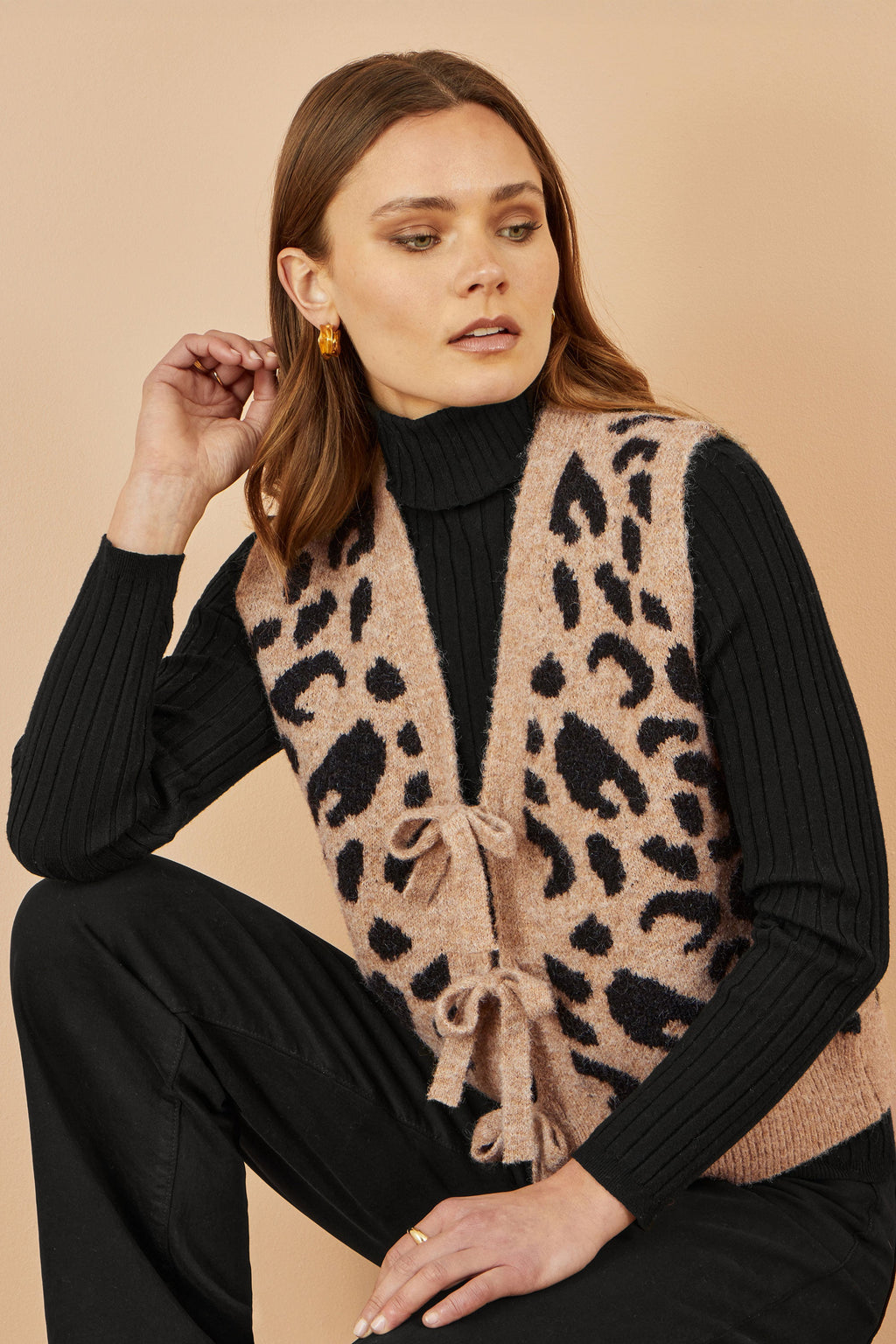 Beige Animal Print Tie Front Waistcoat in Soft Intarsia Knit