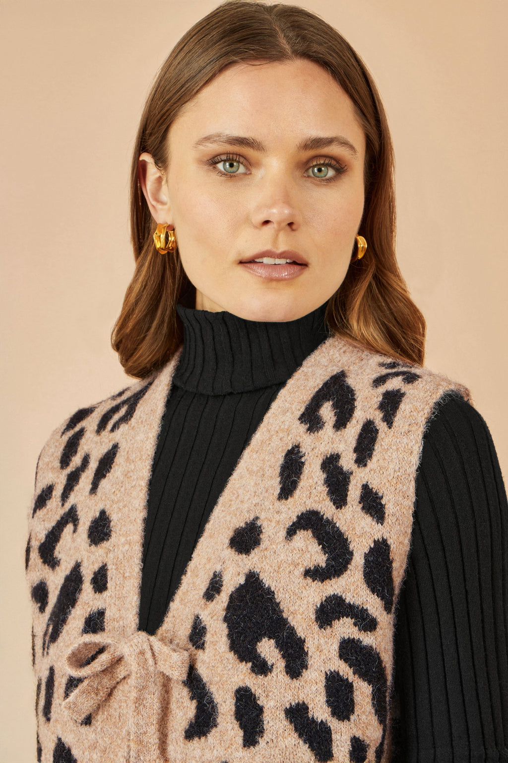 Beige Animal Print Tie Front Waistcoat in Soft Intarsia Knit