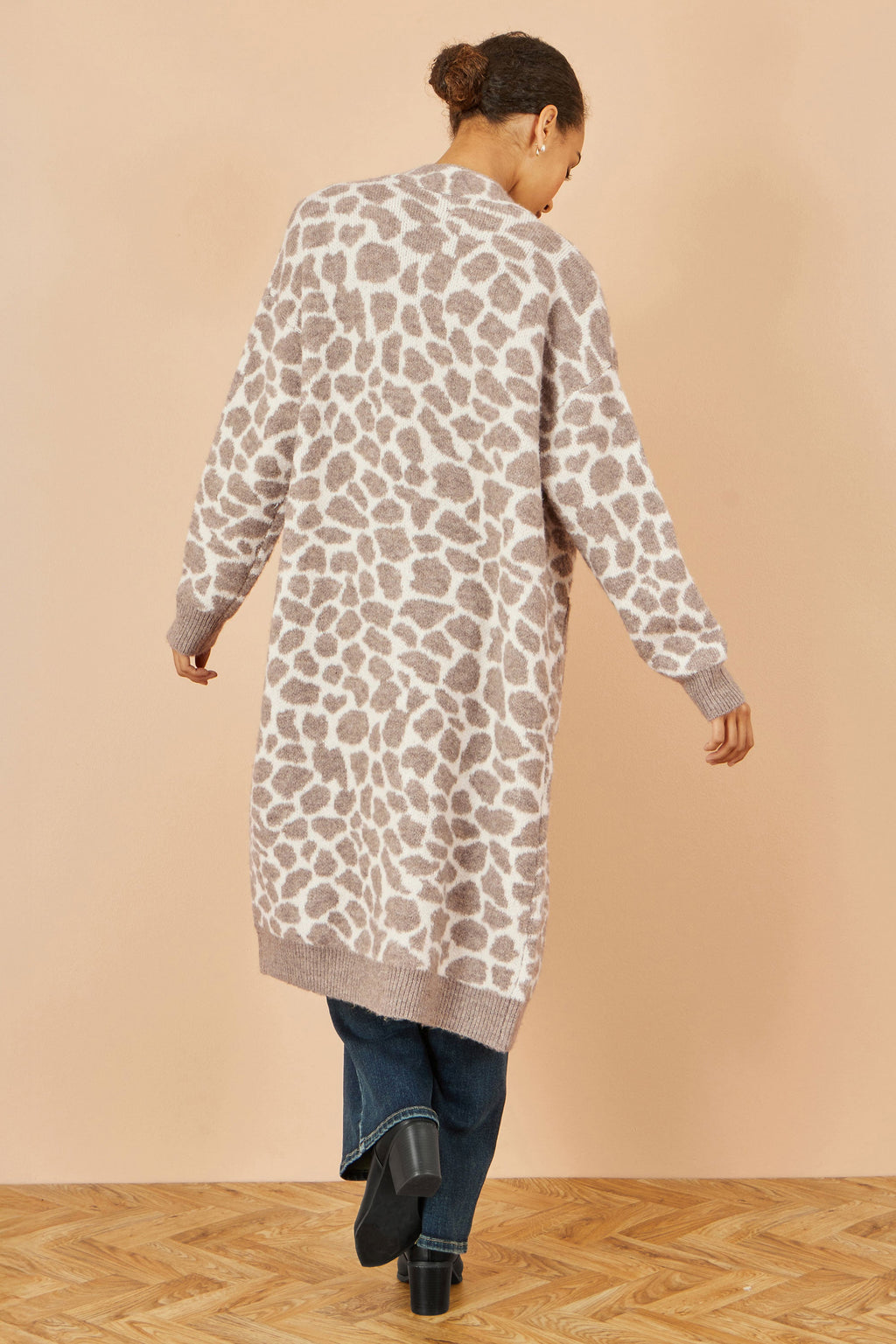 Beige Animal Print Intarsia Long Cardigan