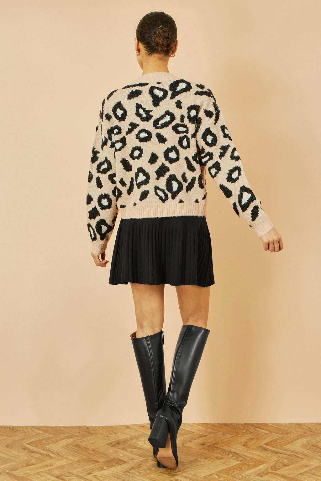 Beige Animal Print Intarsia Tie Front Cardigan