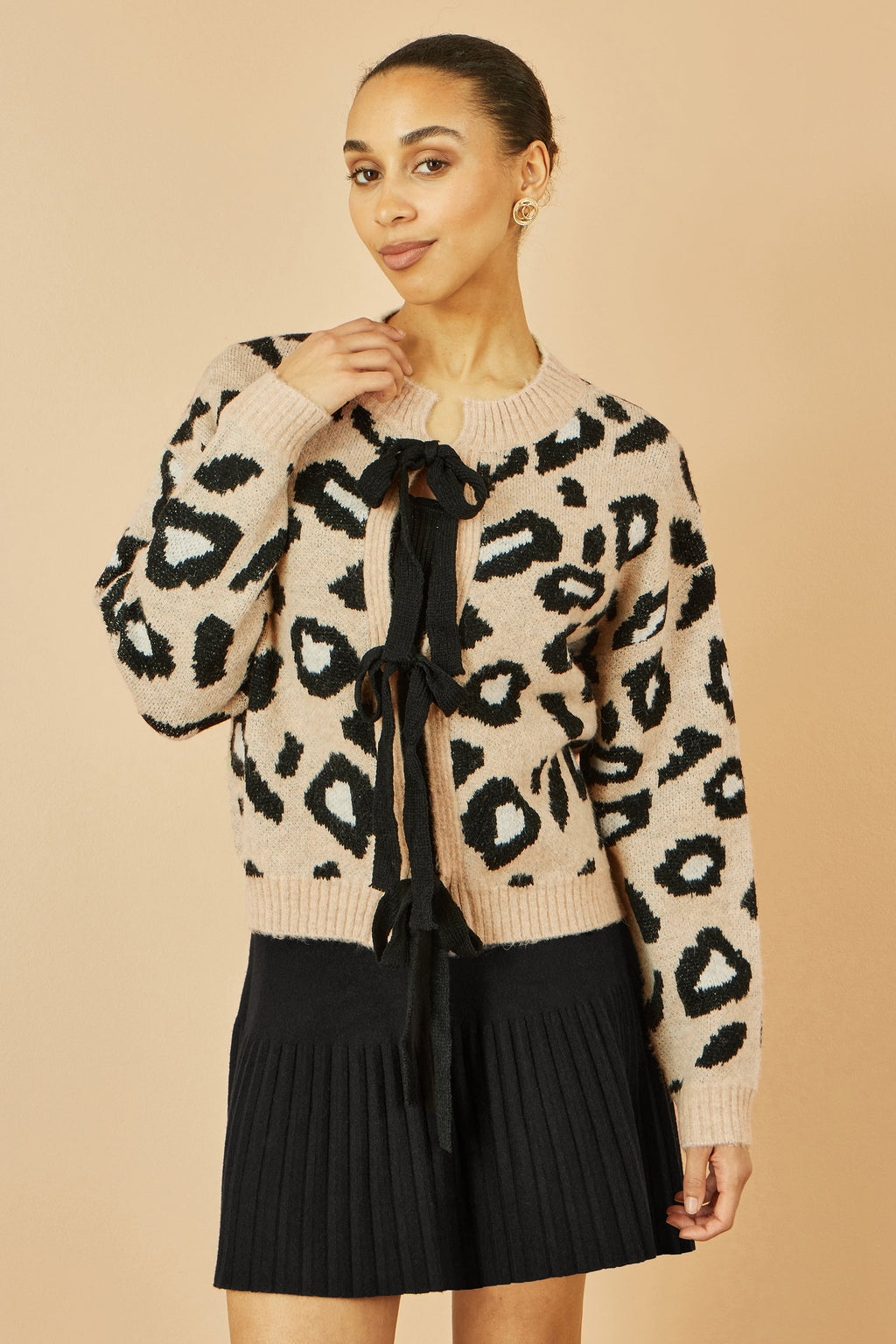 Beige Animal Print Intarsia Tie Front Cardigan