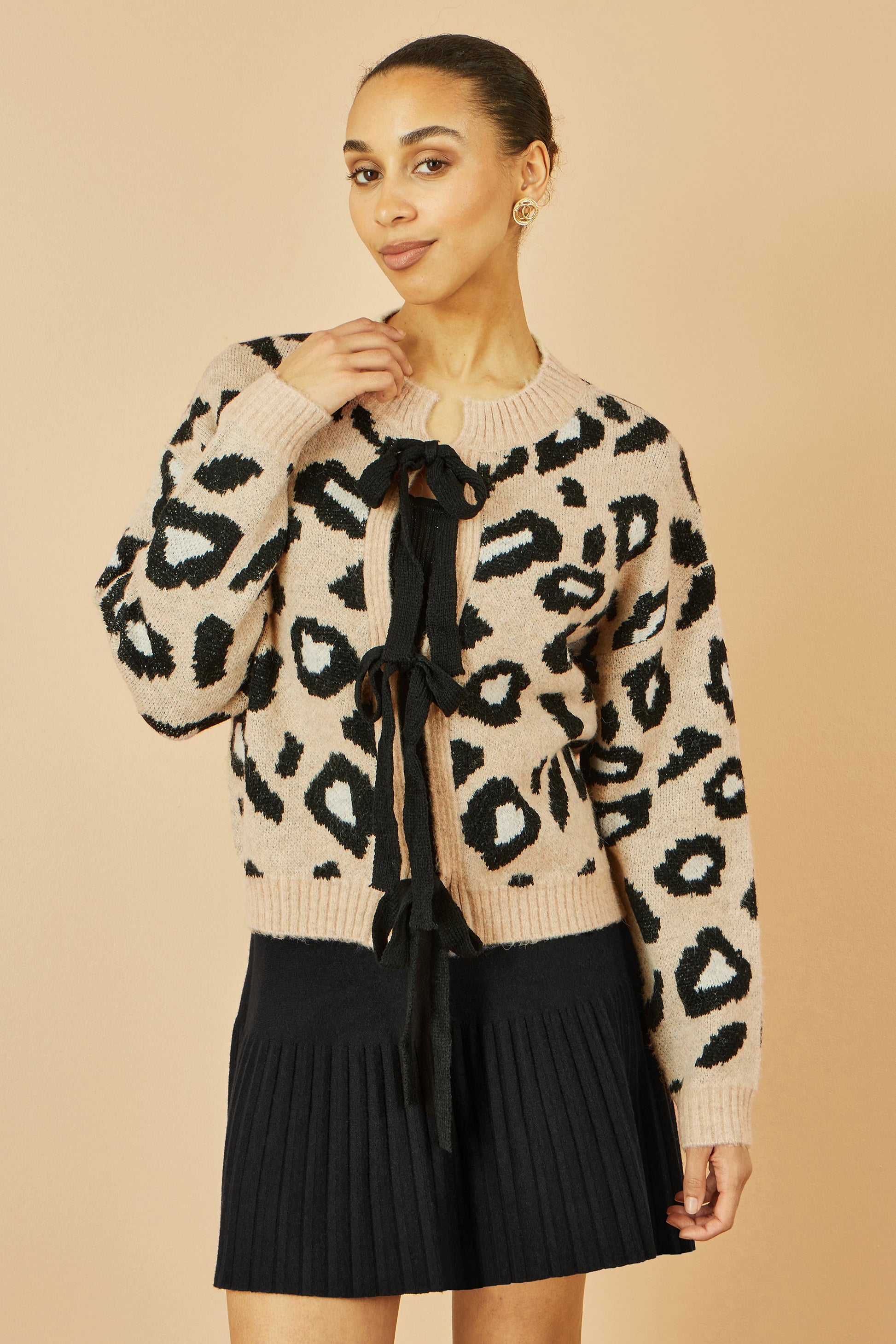 Beige Animal Print Intarsia Tie Front Cardigan