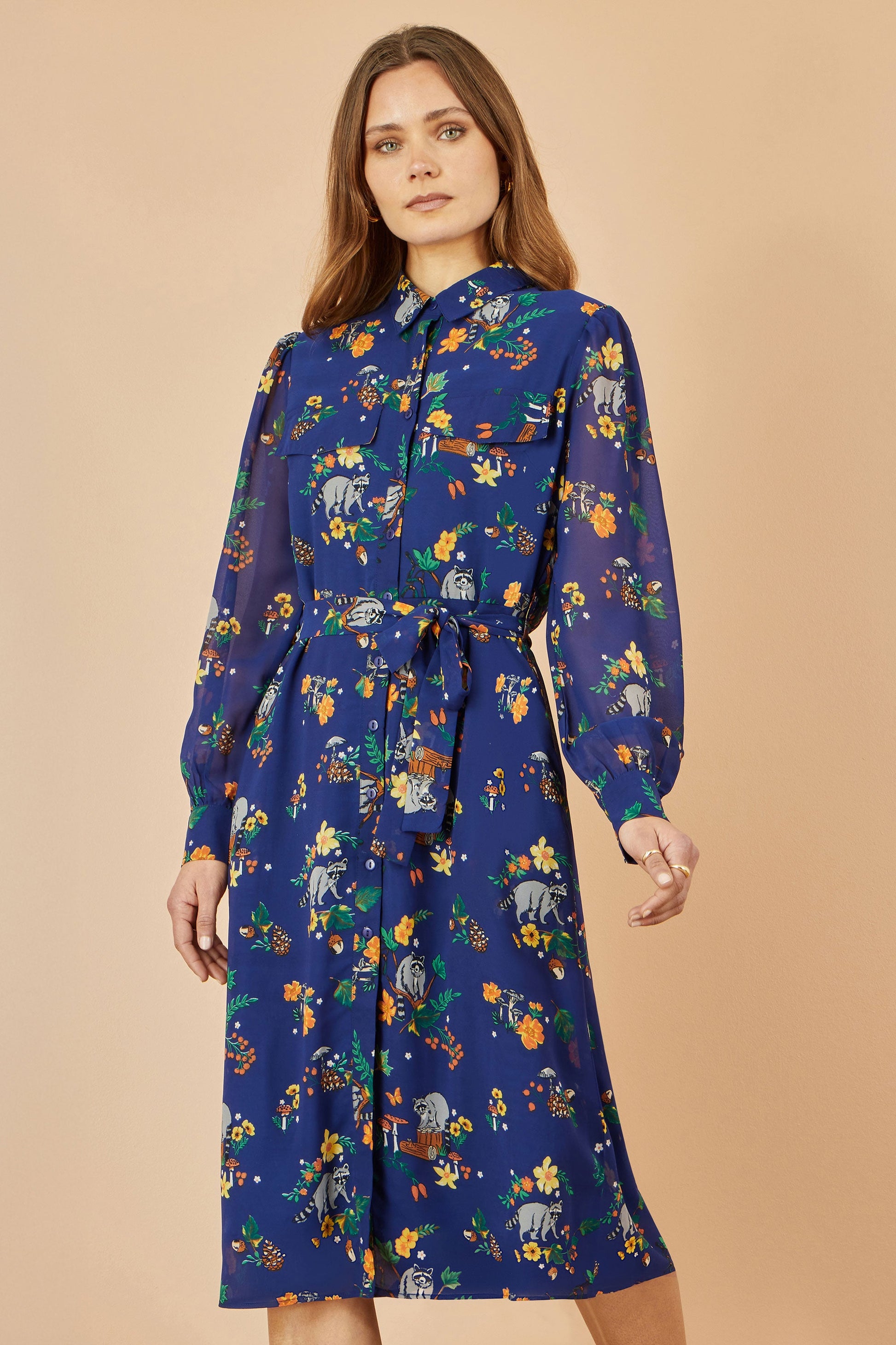 Yumi Recycled Navy Raccoon Print Shirt Midi Dress