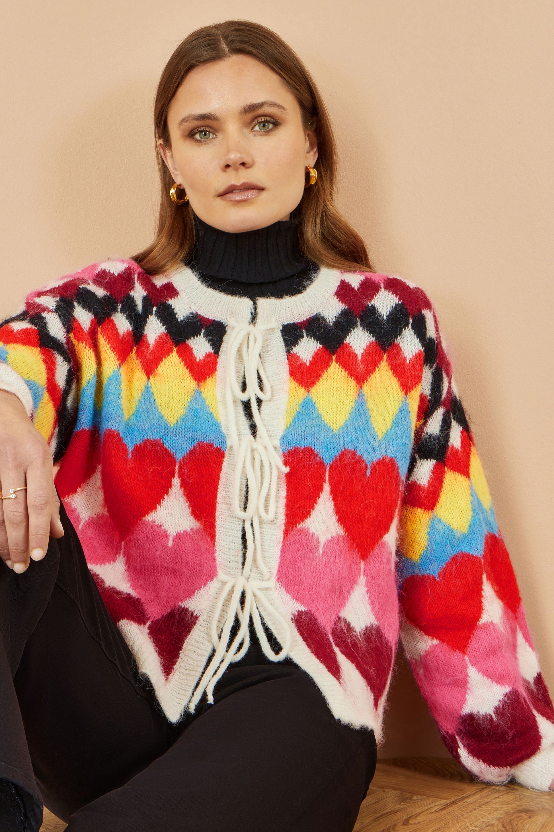 Multicolour Tie Front Heart Intarsia Cardigan