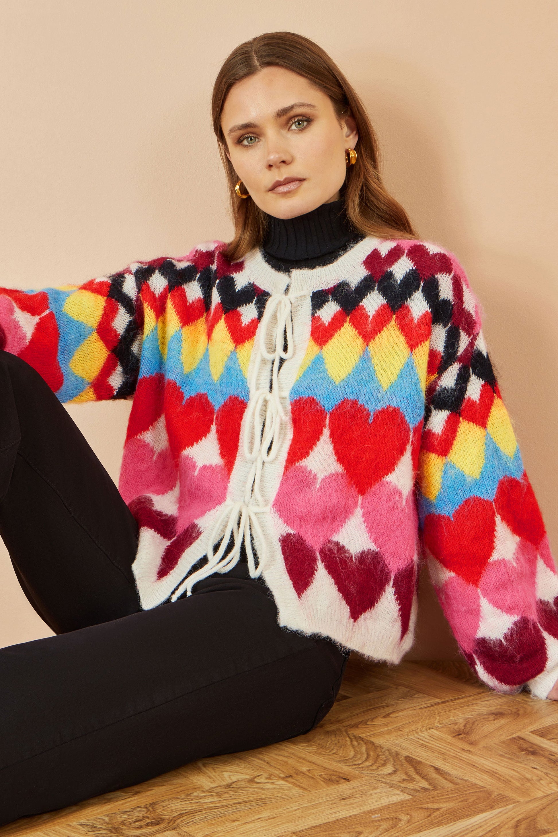 Multicolour Tie Front Heart Intarsia Cardigan