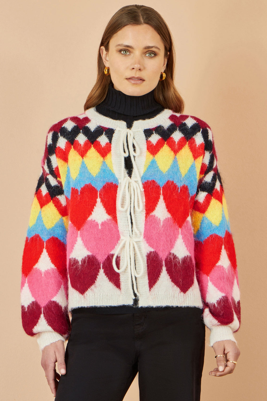 Multicolour Tie Front Heart Intarsia Cardigan