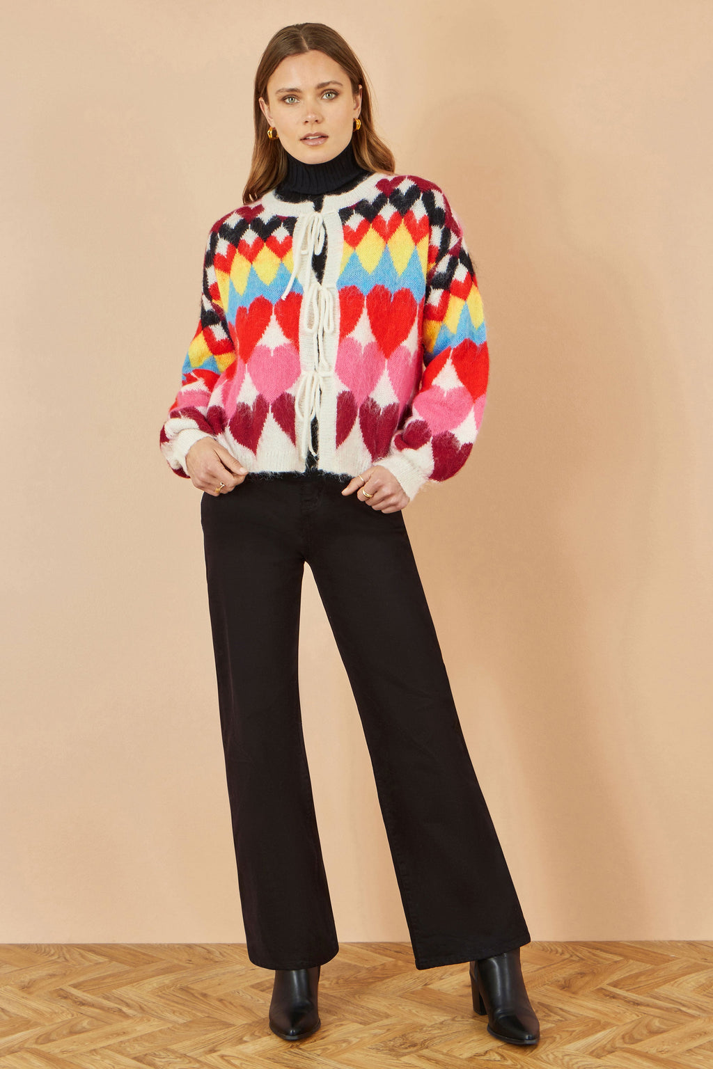 Multicolour Tie Front Heart Intarsia Cardigan