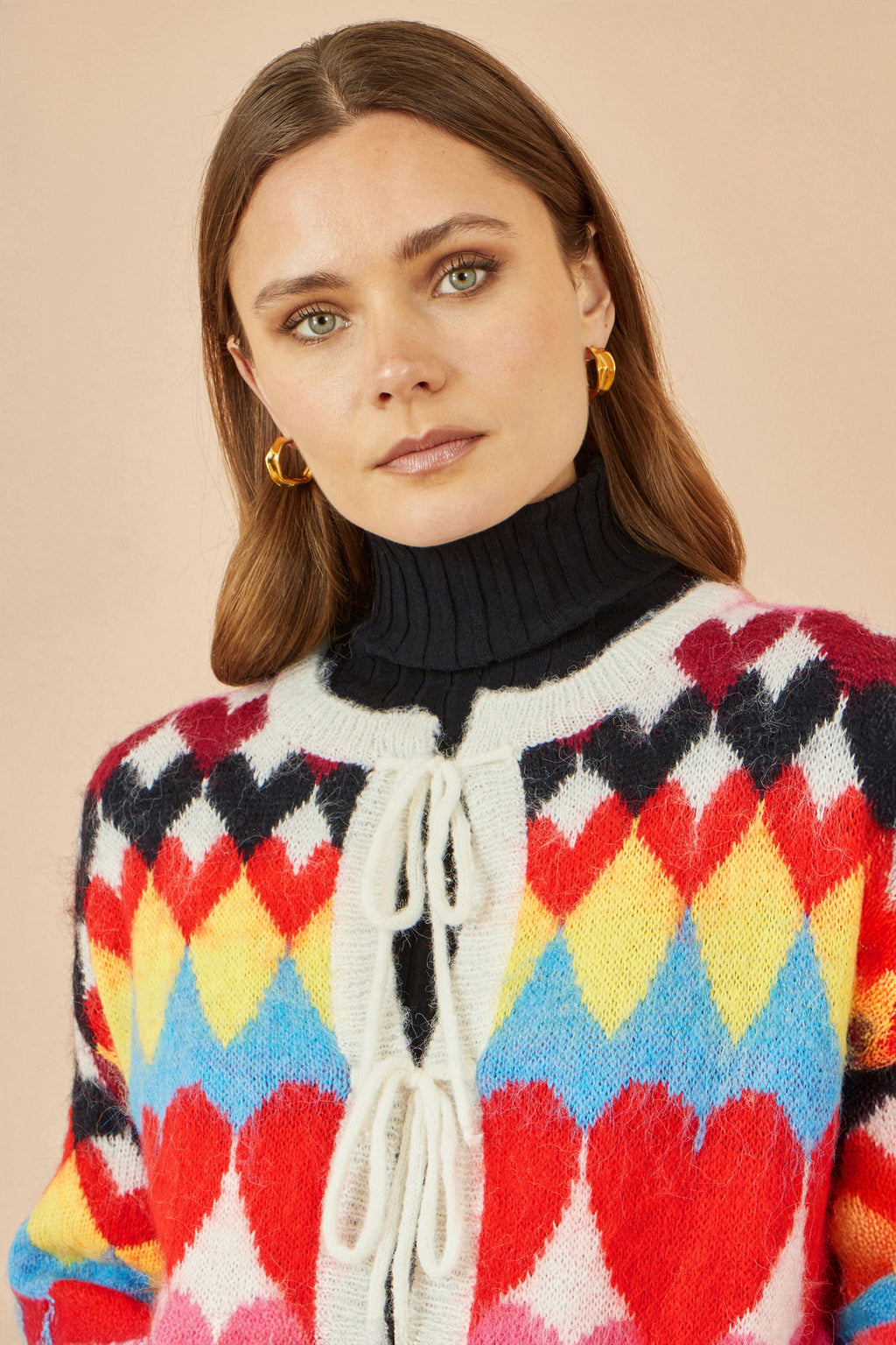 Multicolour Tie Front Heart Intarsia Cardigan