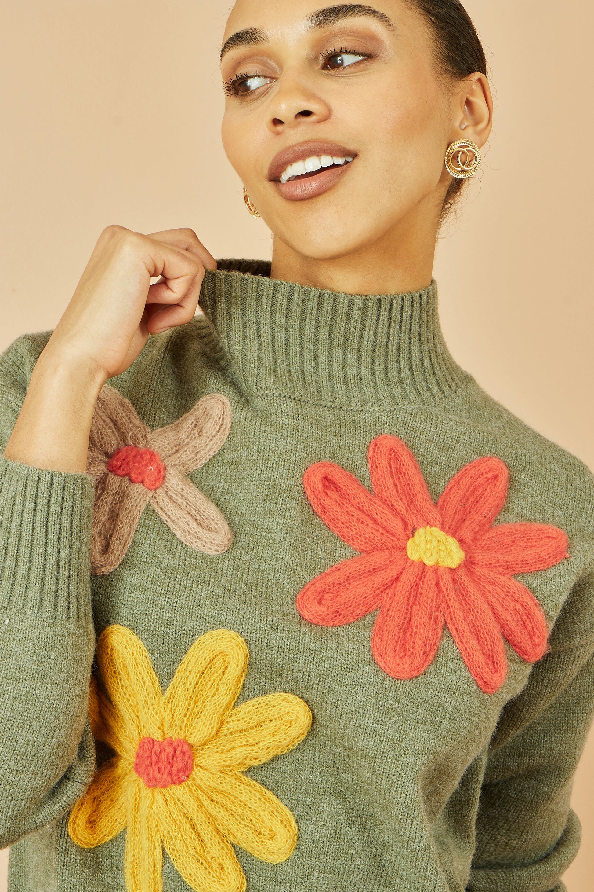 Green Knitted High Neck Jumper with Applique Flowers