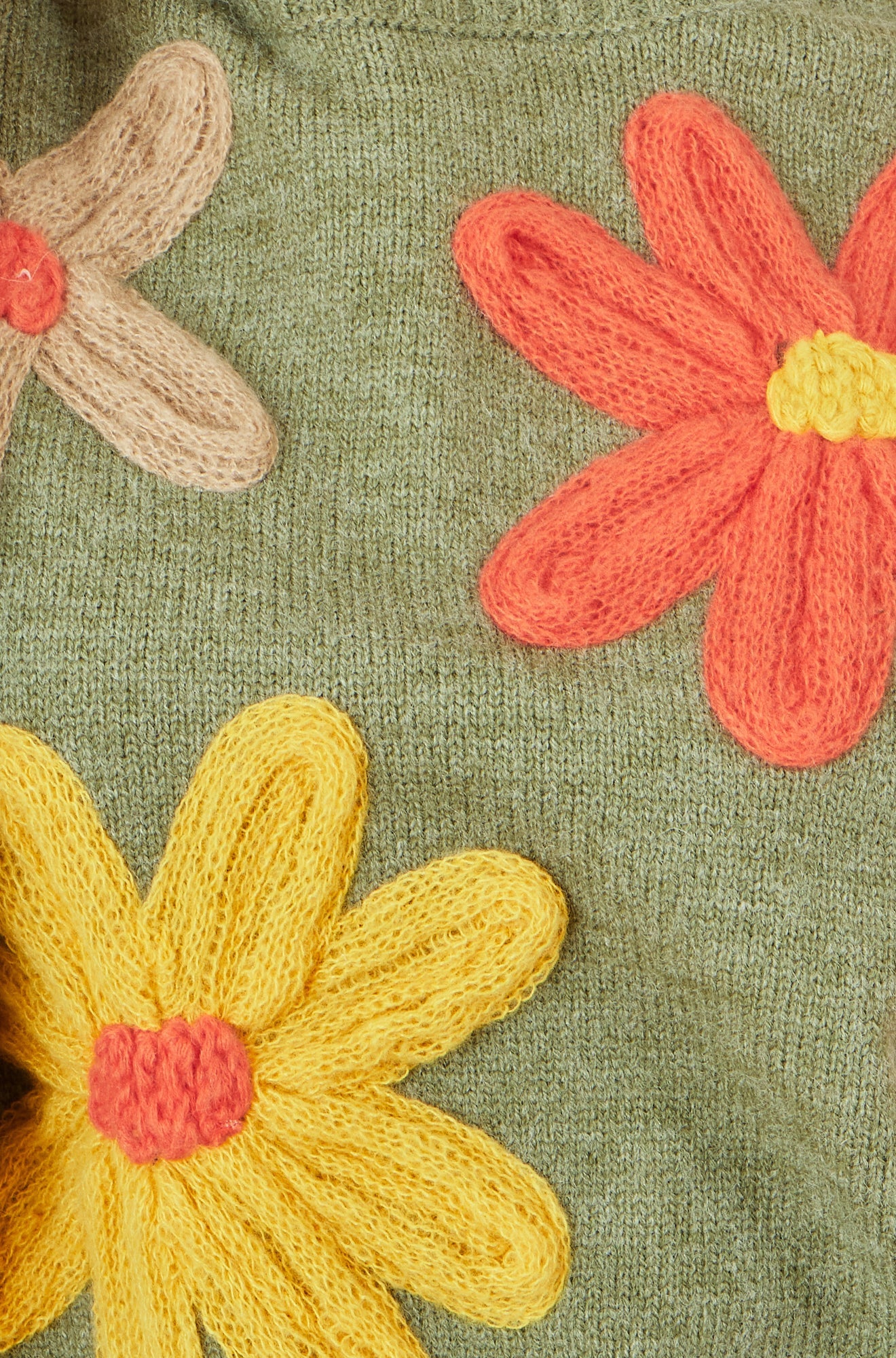 Green Knitted High Neck Jumper with Applique Flowers