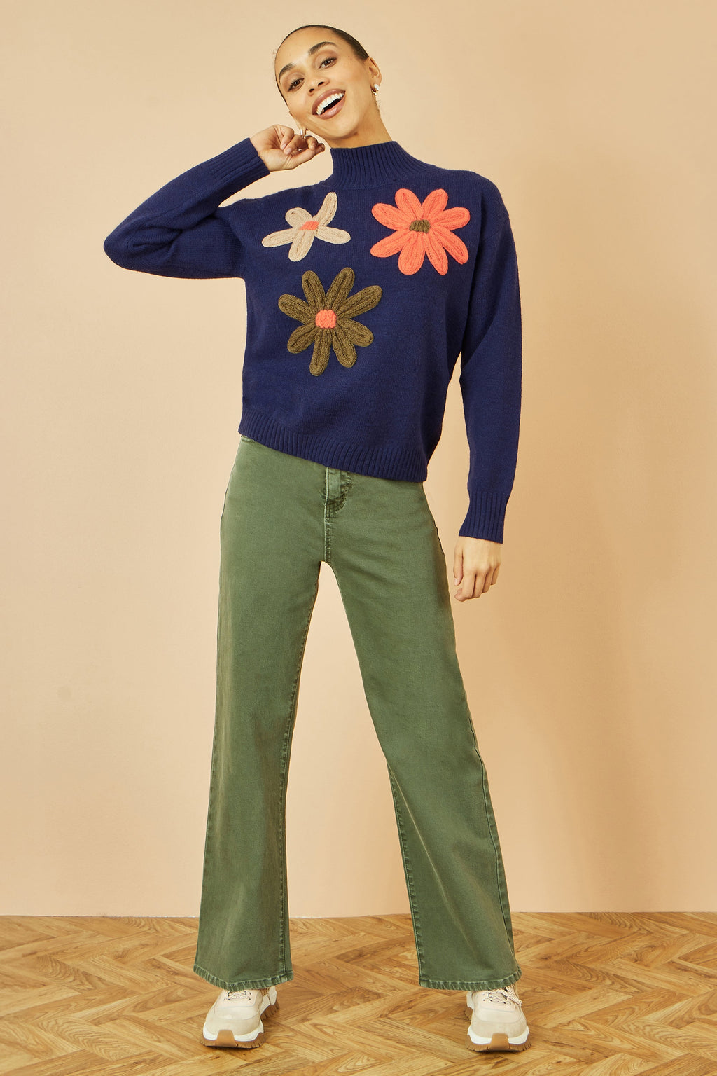 Navy Knitted High Neck Jumper with Applique Flowers