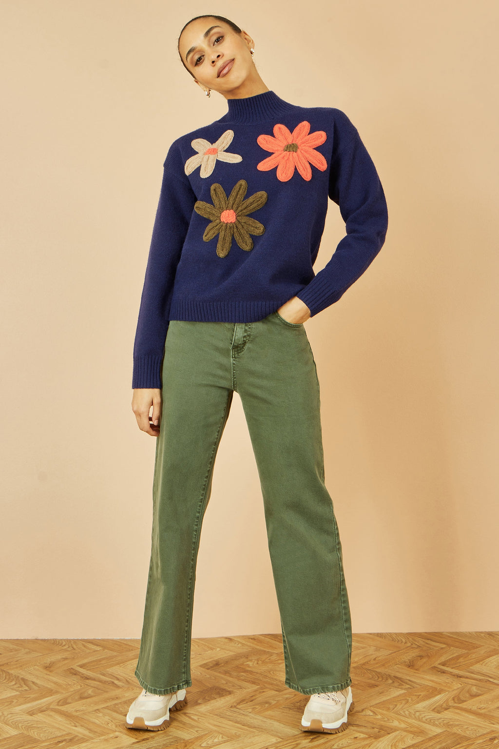 Navy Knitted High Neck Jumper with Applique Flowers