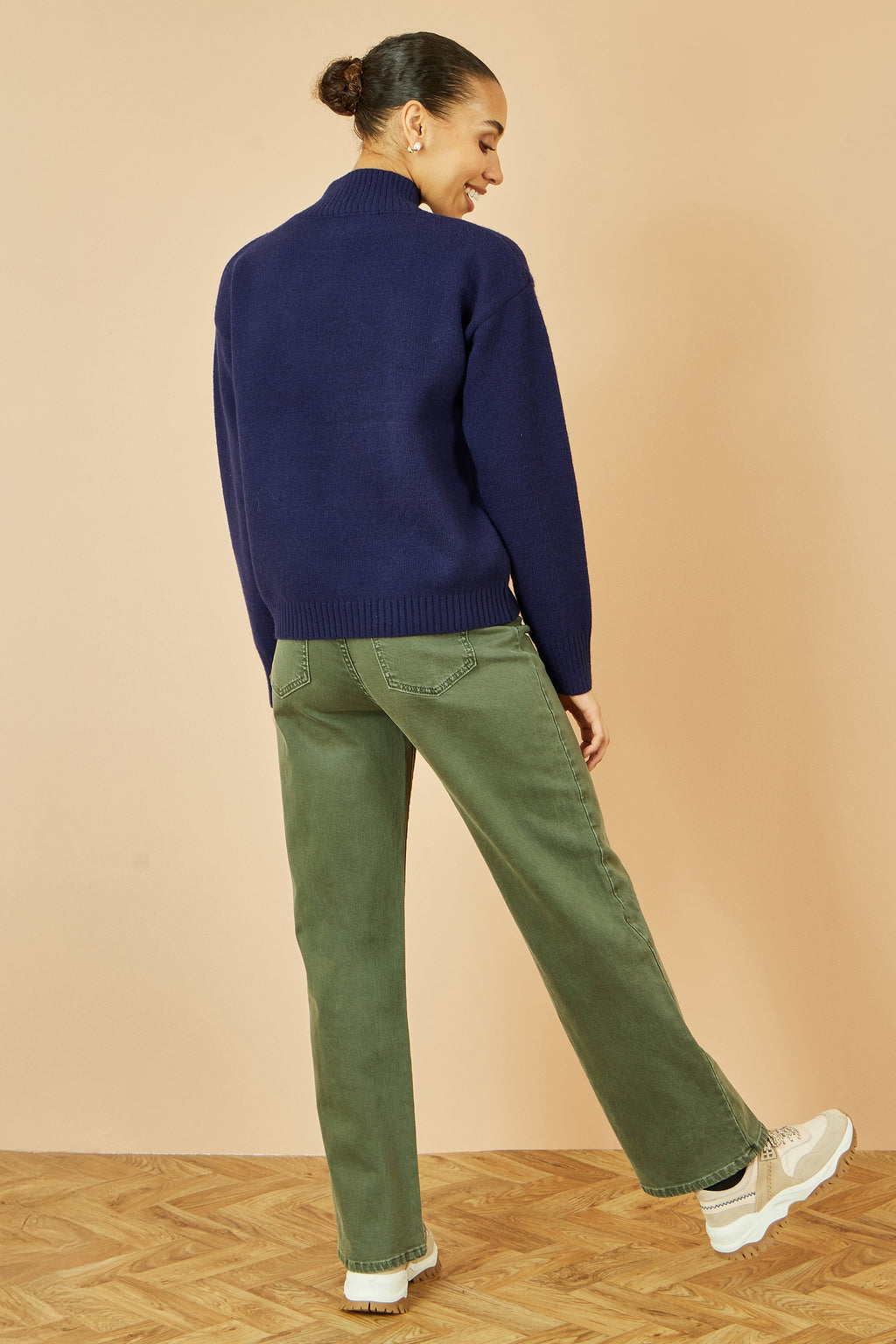 Navy Knitted High Neck Jumper with Applique Flowers