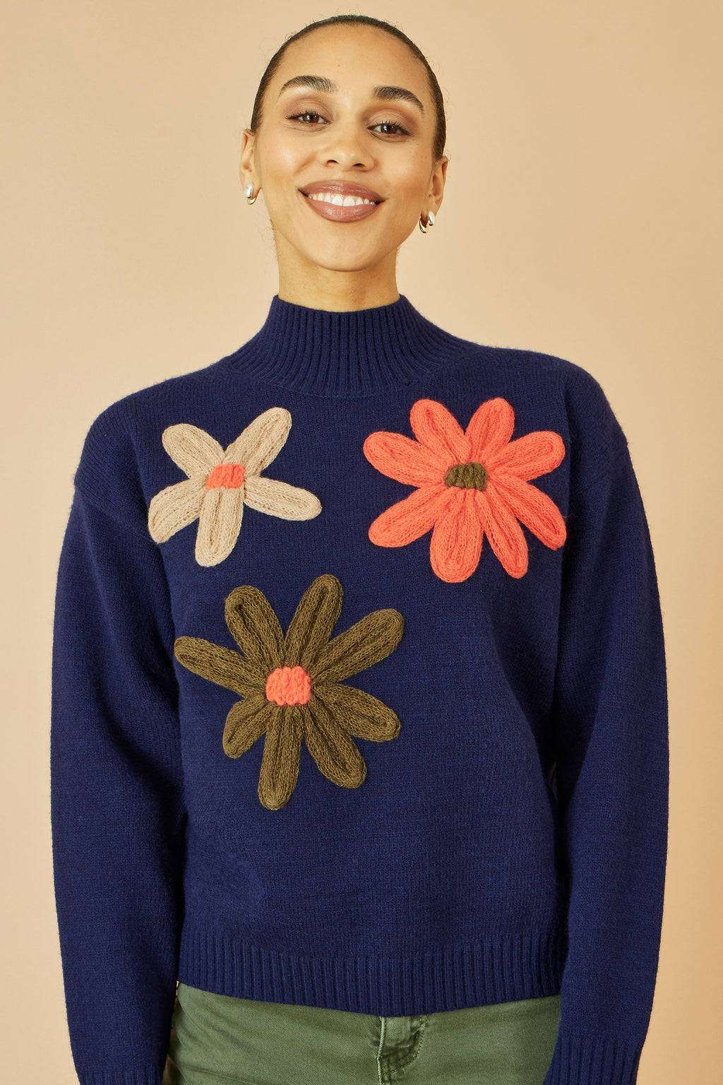 Navy Knitted High Neck Jumper with Applique Flowers