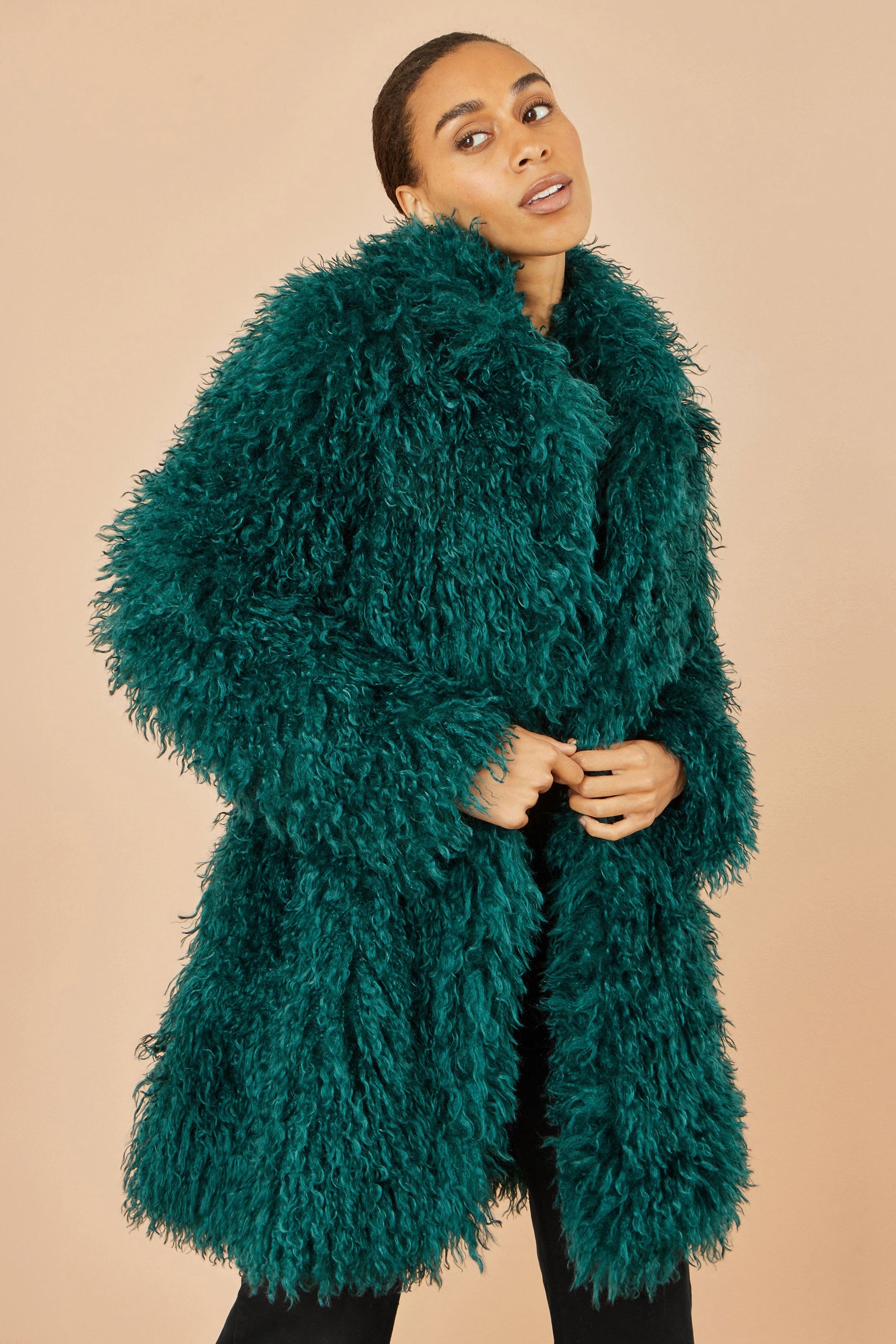 Teal Luxe Long Hair Fur Coat