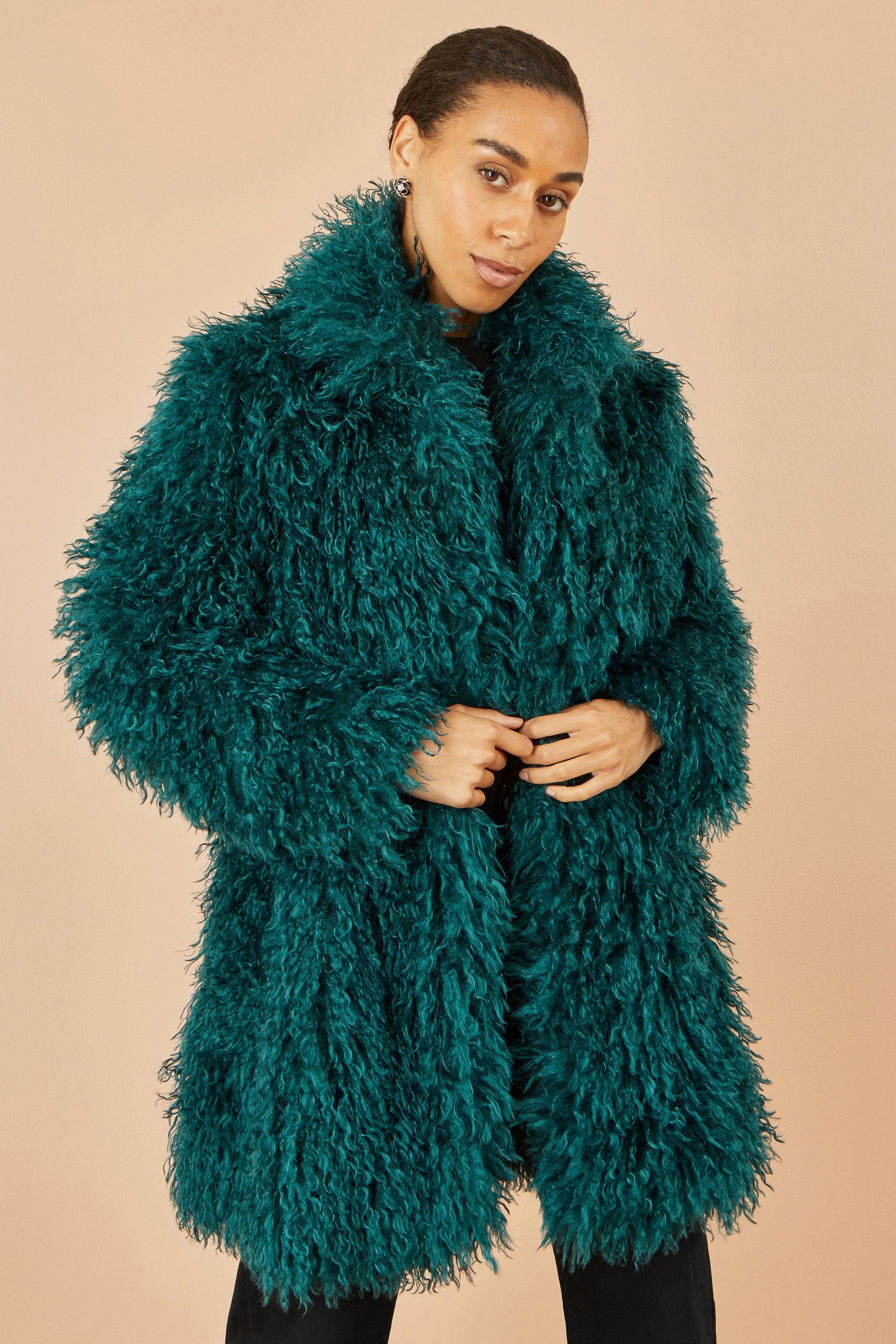 Teal Luxe Long Hair Fur Coat
