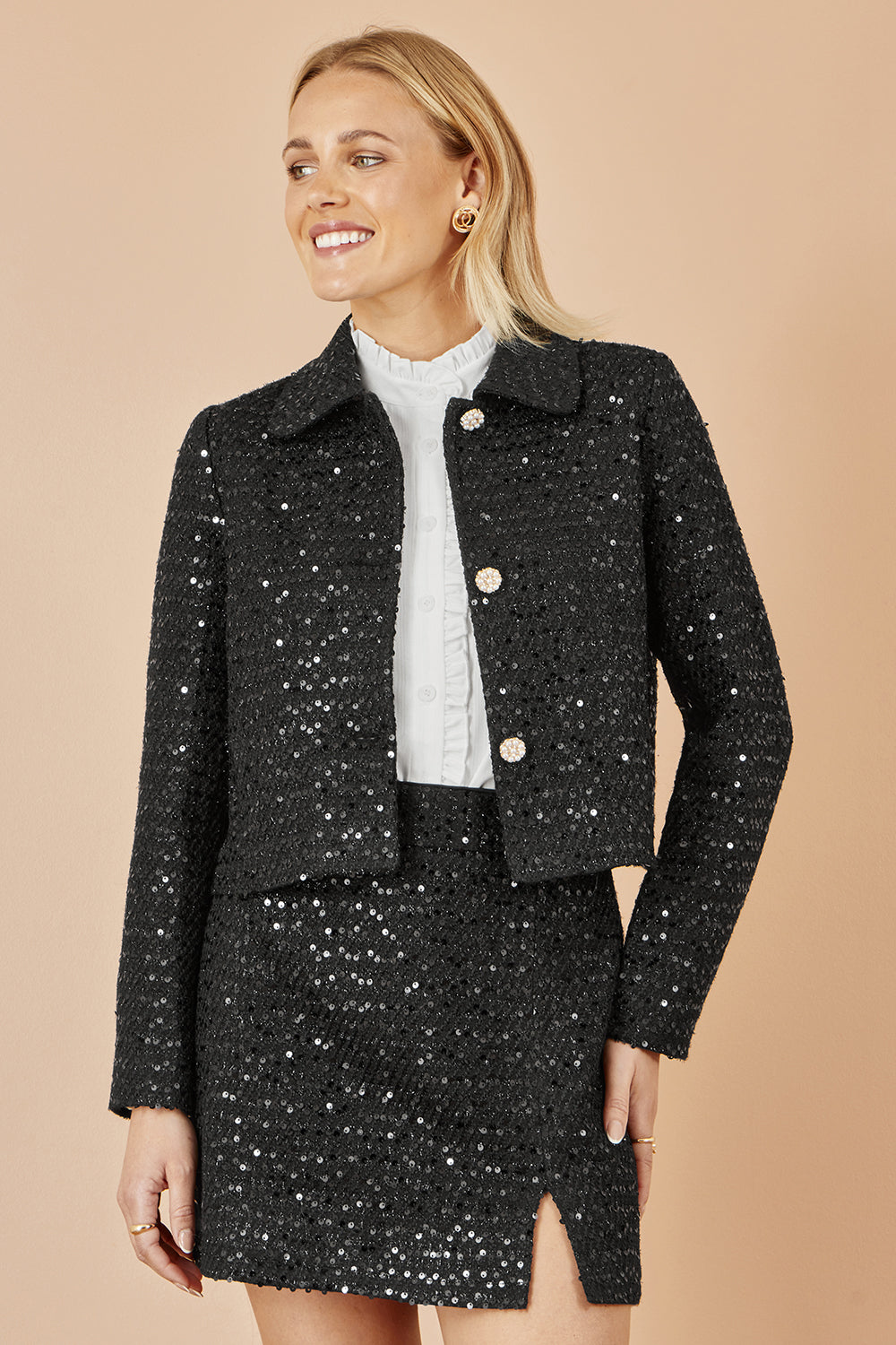 Yumi Black Boucle Sequin Jacket With Pearl Buttons