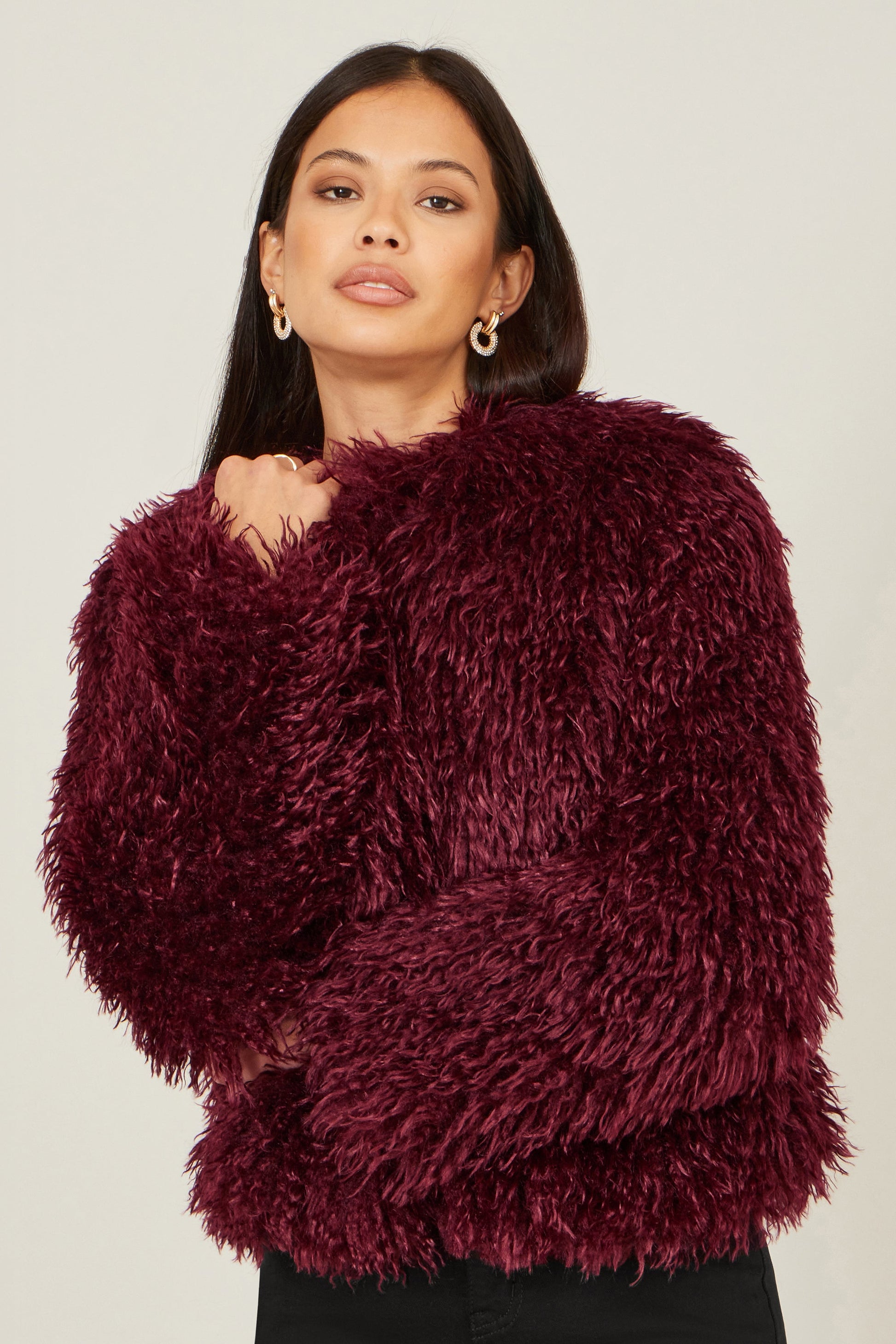 Burgundy Luxe Fluffy Faux Fur Coat