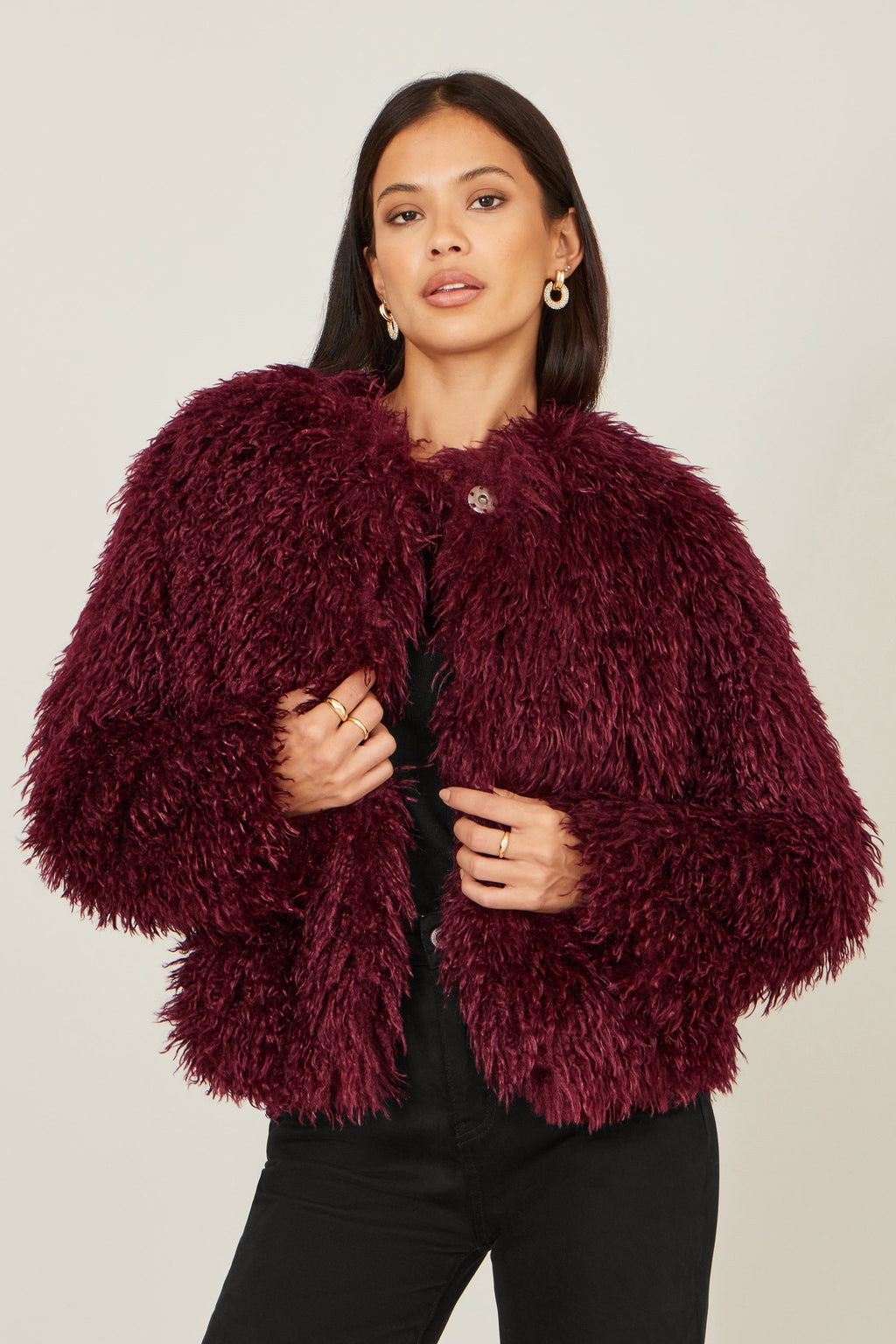 Burgundy Luxe Fluffy Faux Fur Coat