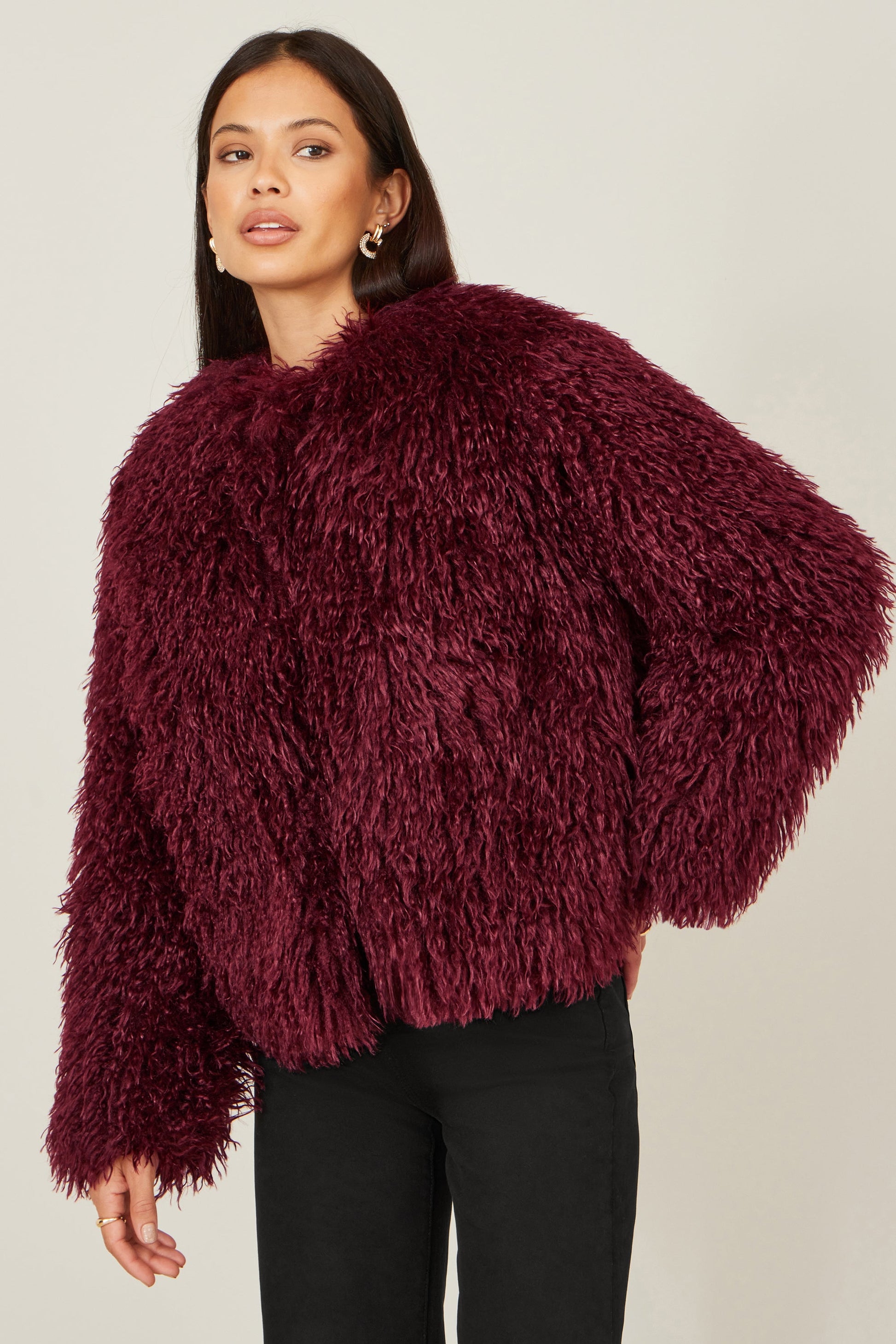 Burgundy Luxe Fluffy Faux Fur Coat