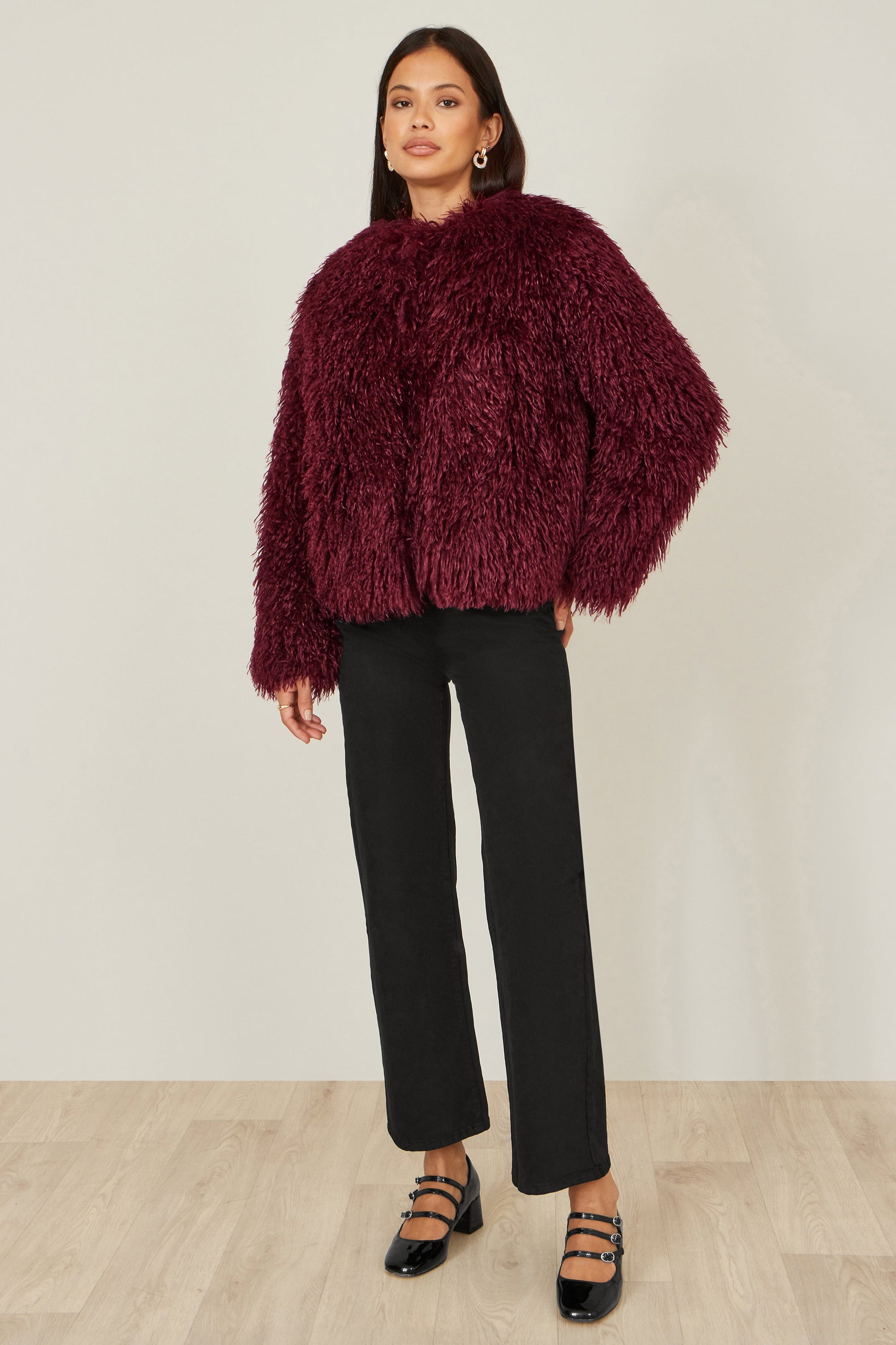 Burgundy Luxe Fluffy Faux Fur Coat