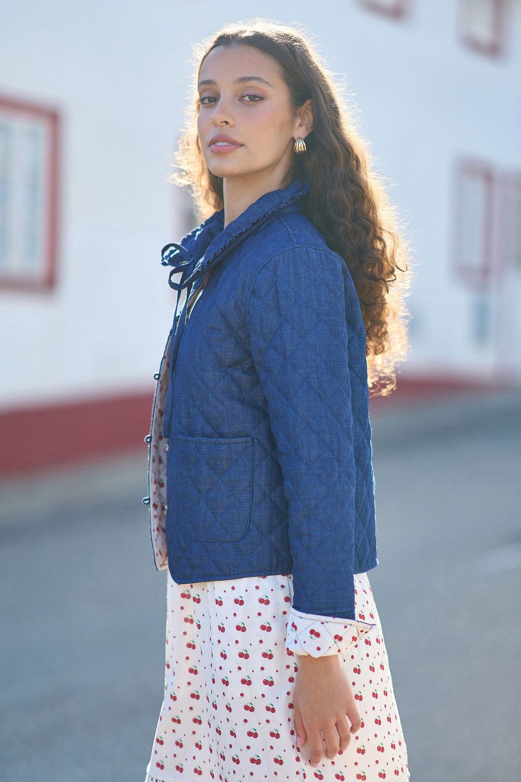 Yumi Blue Chambray Quilted Jacket With Cherry Lining