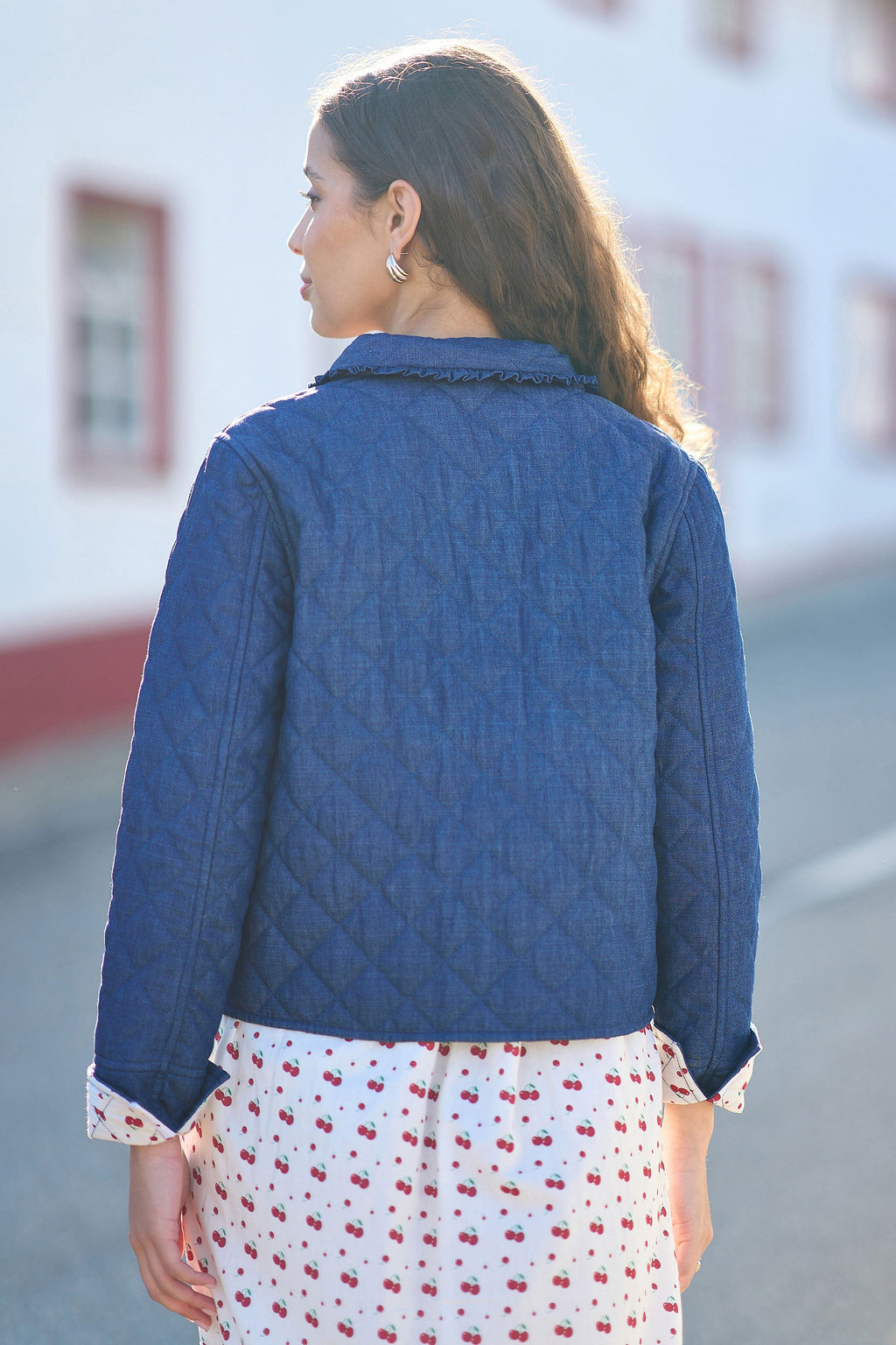 Yumi Blue Chambray Quilted Jacket With Cherry Lining