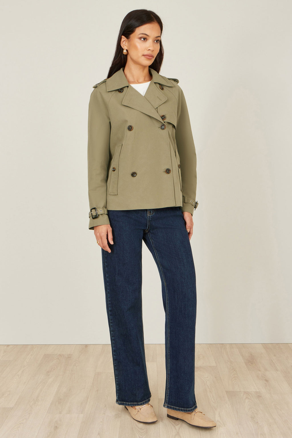 Yumi Green Cropped Trench Jacket With Pockets and Check Lining