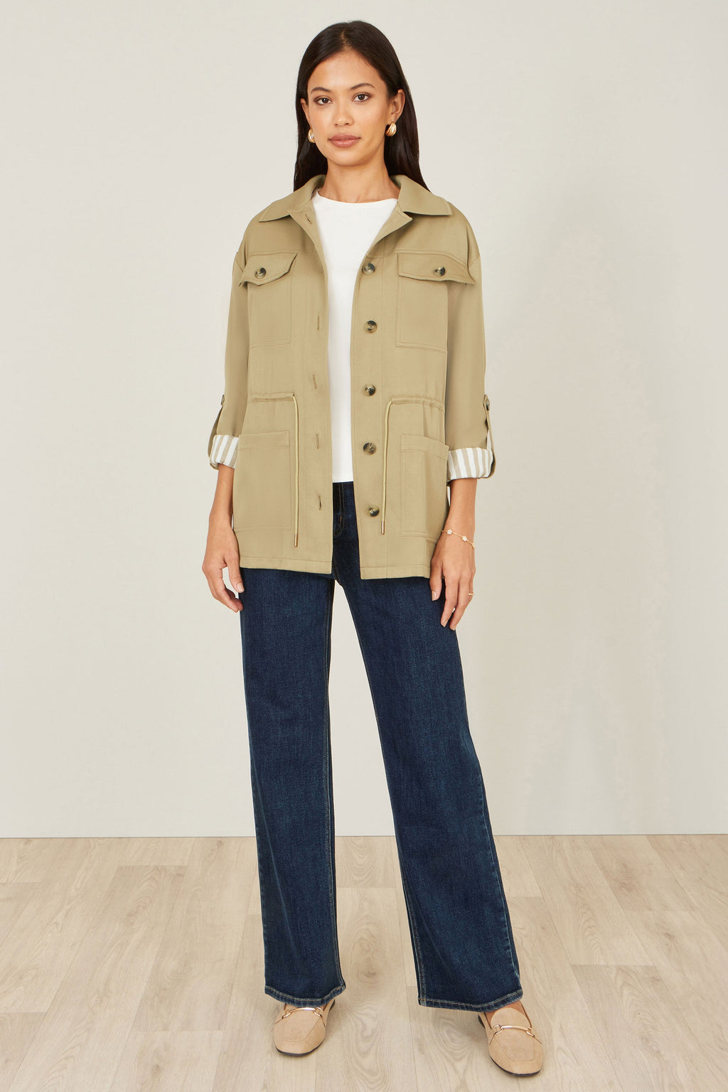Yumi Green Utility Jacket With Drawstring Waist and Stripe Lining