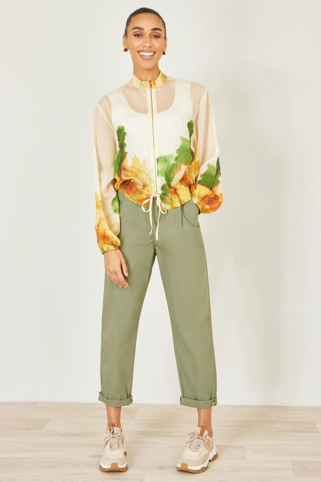 Yumi Beige Printed Lightweight Modal Bomber Jacket