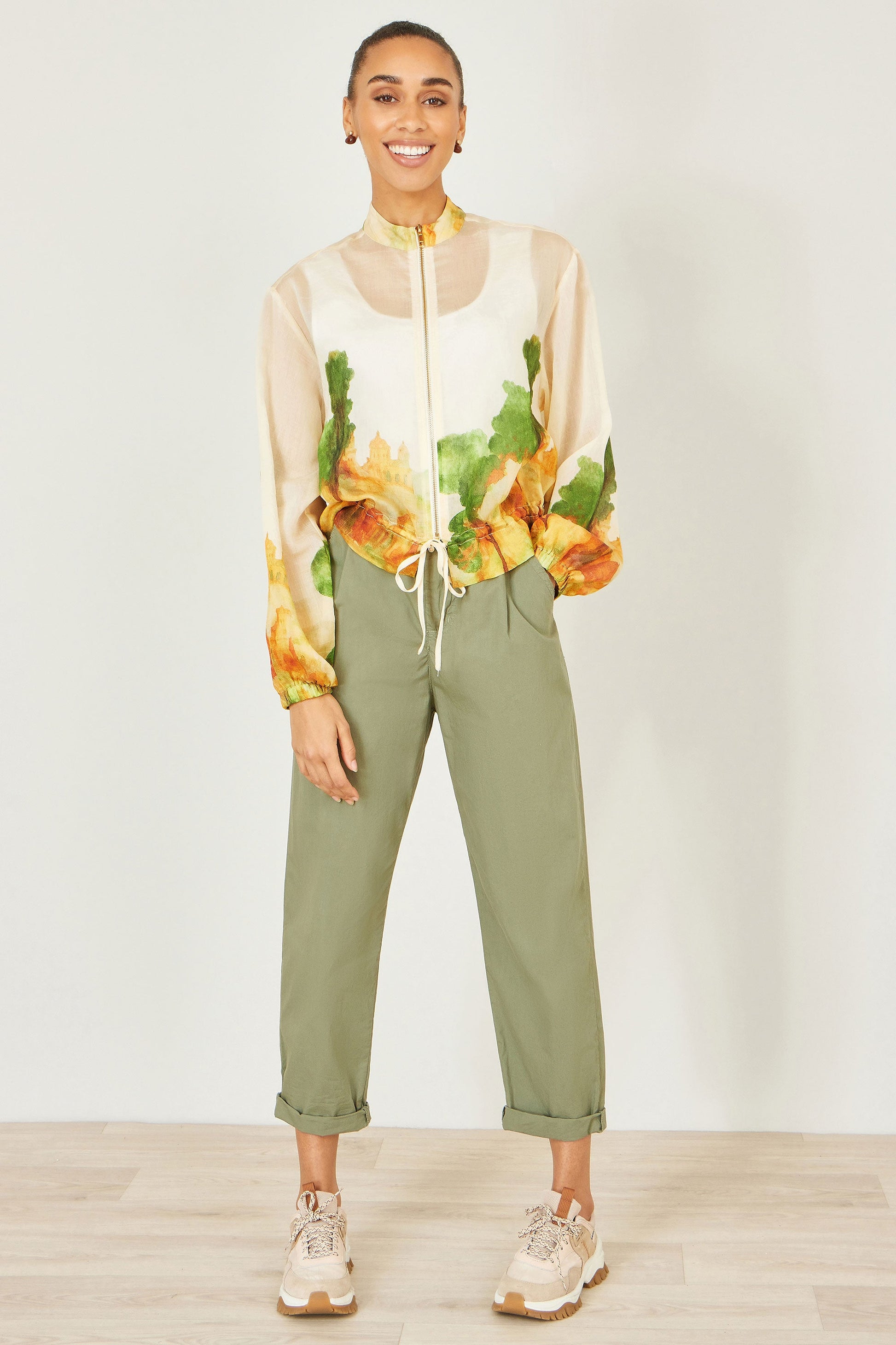 Yumi Beige Printed Lightweight Modal Bomber Jacket