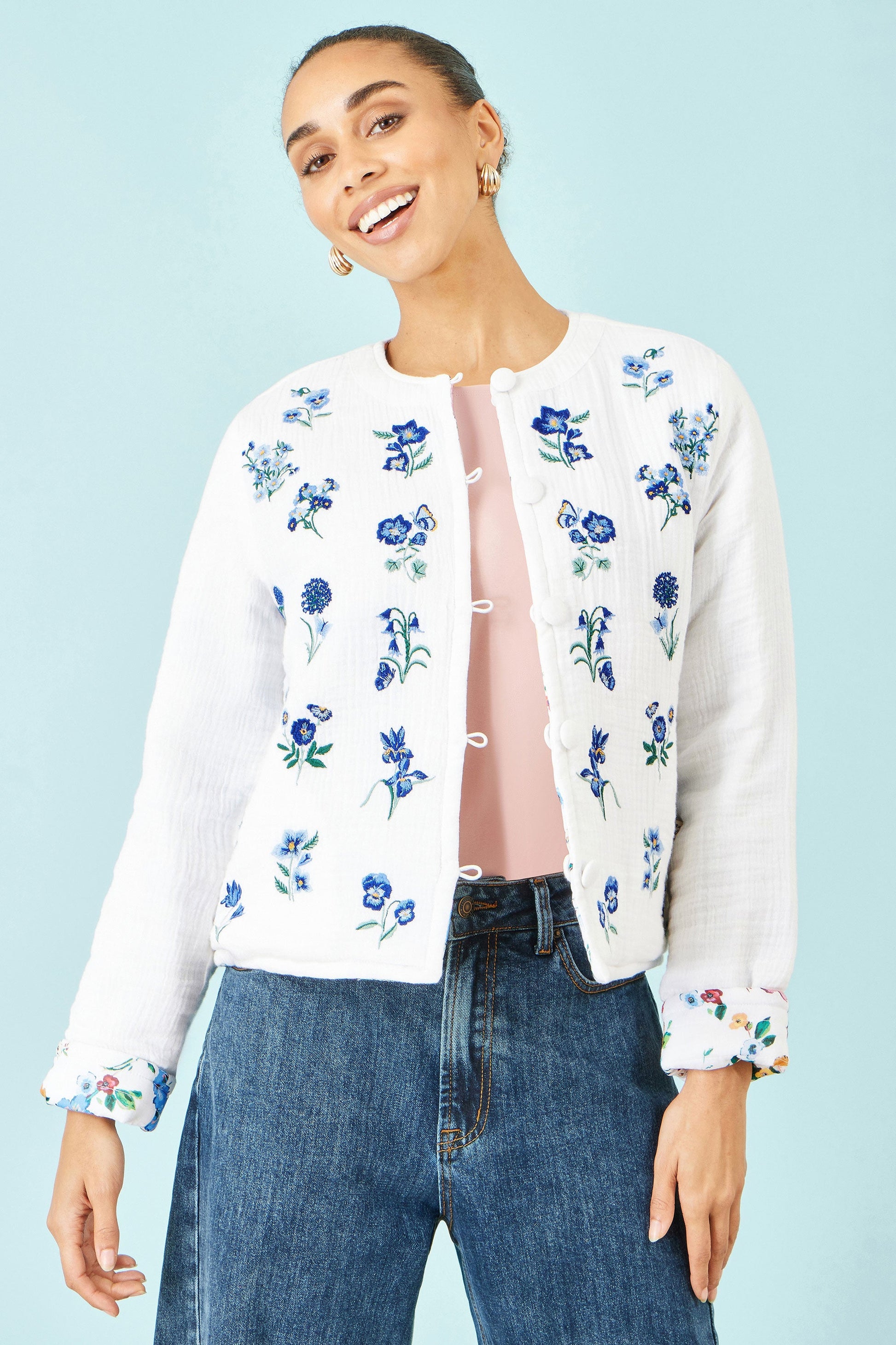 Yumi White Floral Embroidery Reversible Cotton Jacket