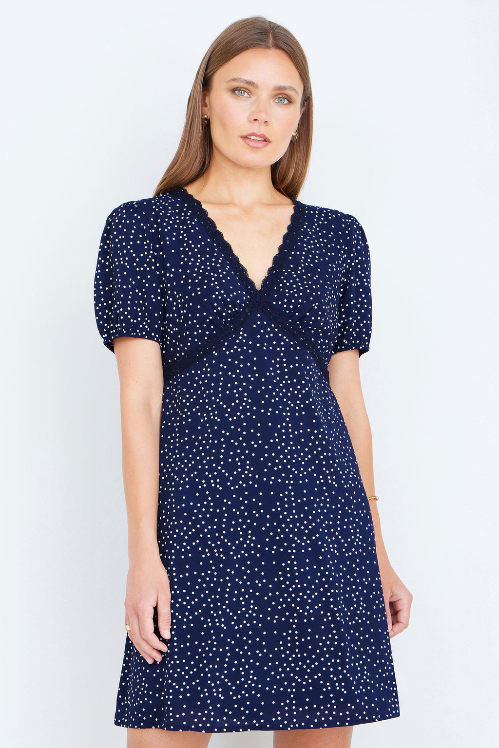 Yumi Navy Spot Print Lace Trim Skater Dress