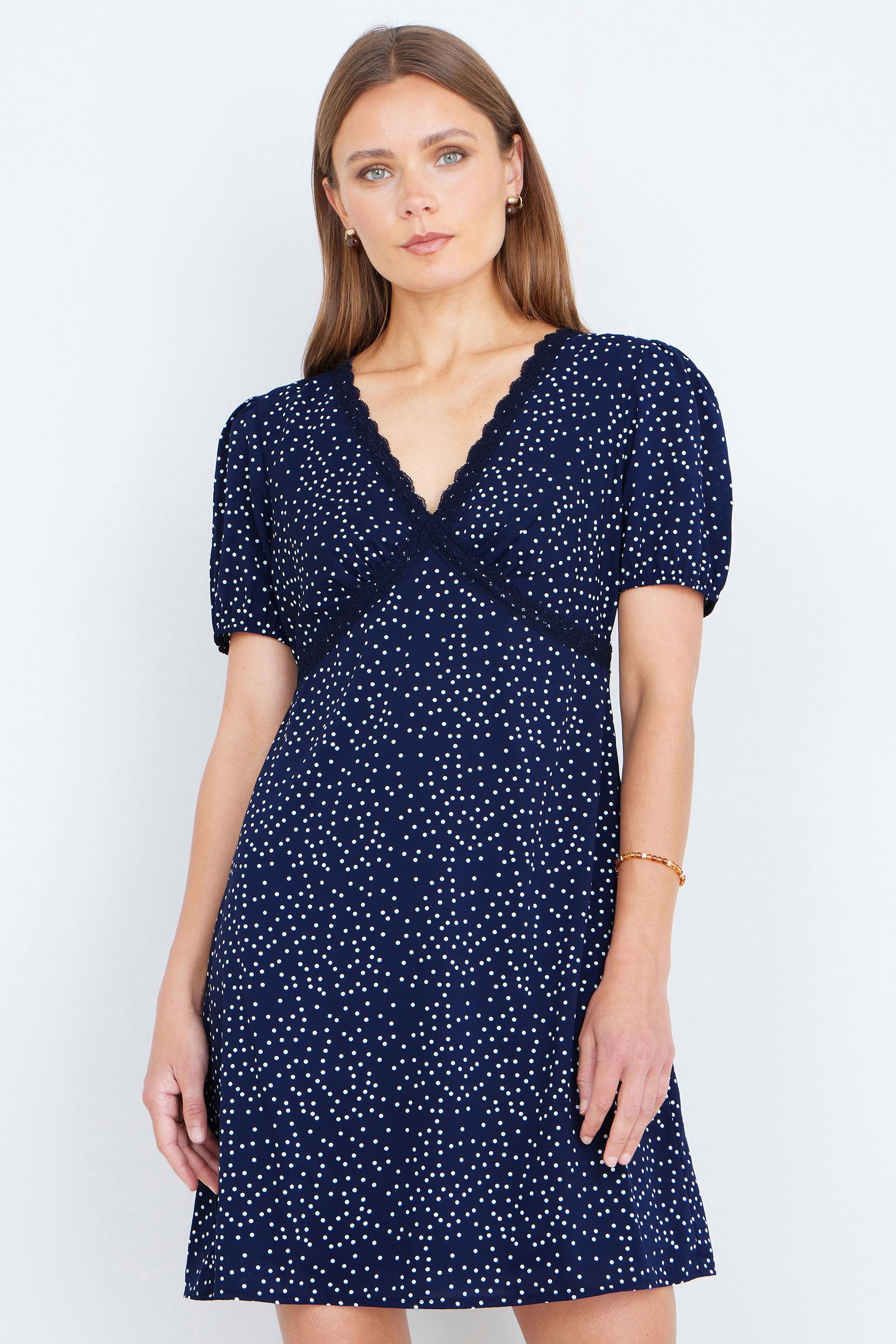 Yumi Navy Spot Print Lace Trim Skater Dress