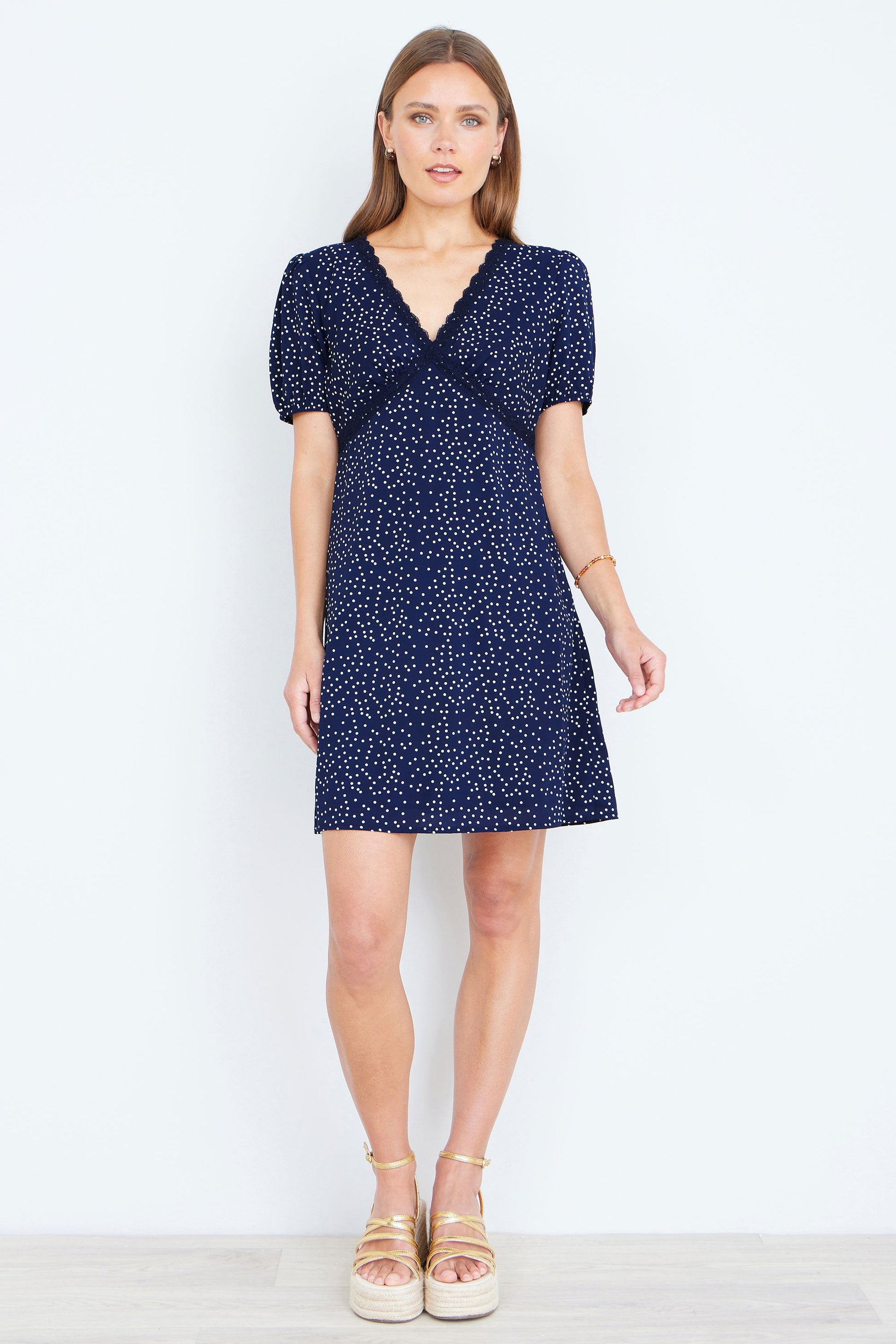 Yumi Navy Spot Print Lace Trim Skater Dress