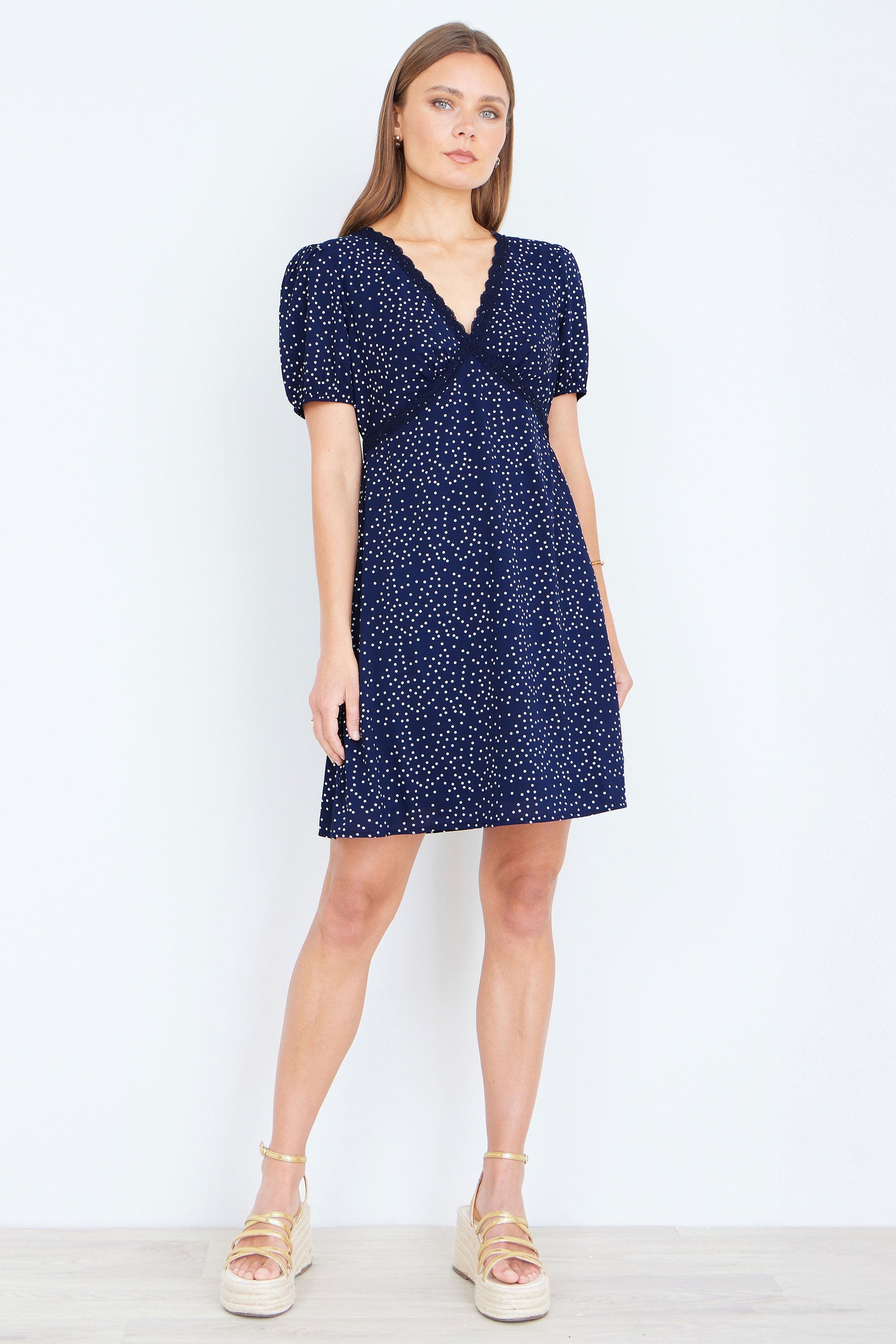 Yumi Navy Spot Print Lace Trim Skater Dress