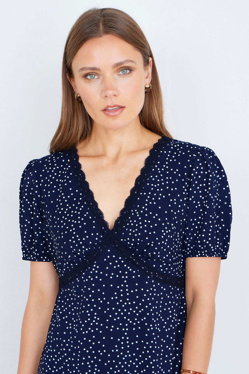 Yumi Navy Spot Print Lace Trim Skater Dress
