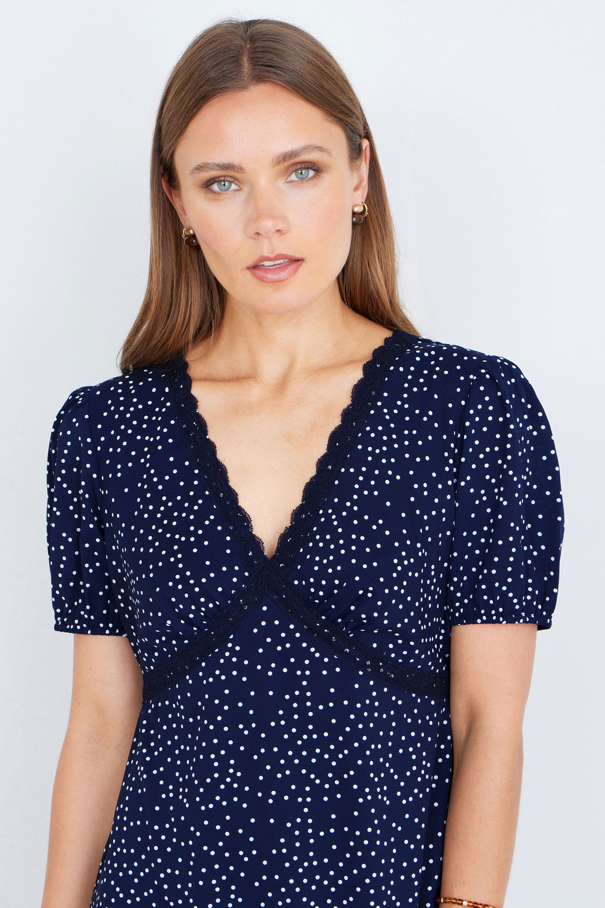 Yumi Navy Spot Print Lace Trim Skater Dress