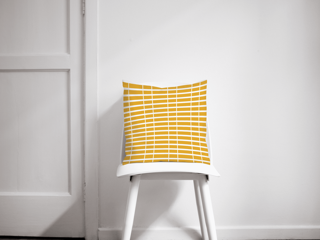 Yellow Cushion with White Striped Geometric Design