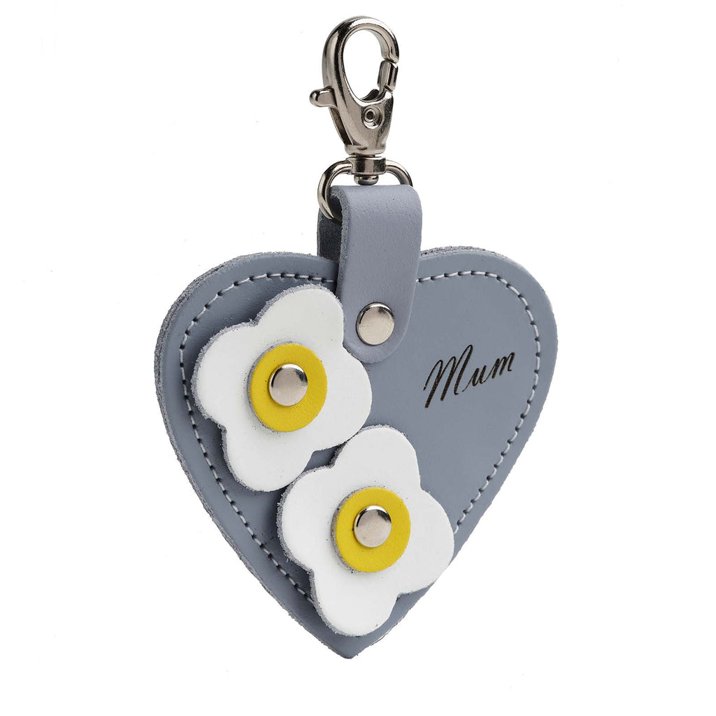Love Heart Bag Charm with Mum Engraving and Flower Appliques in Lilac Grey