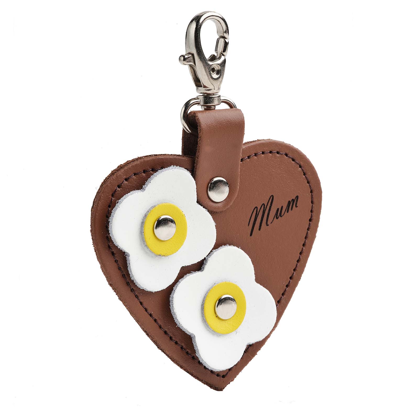 Love Heart Bag Charm with Mum Engraving and Flower Appliques in Chestnut