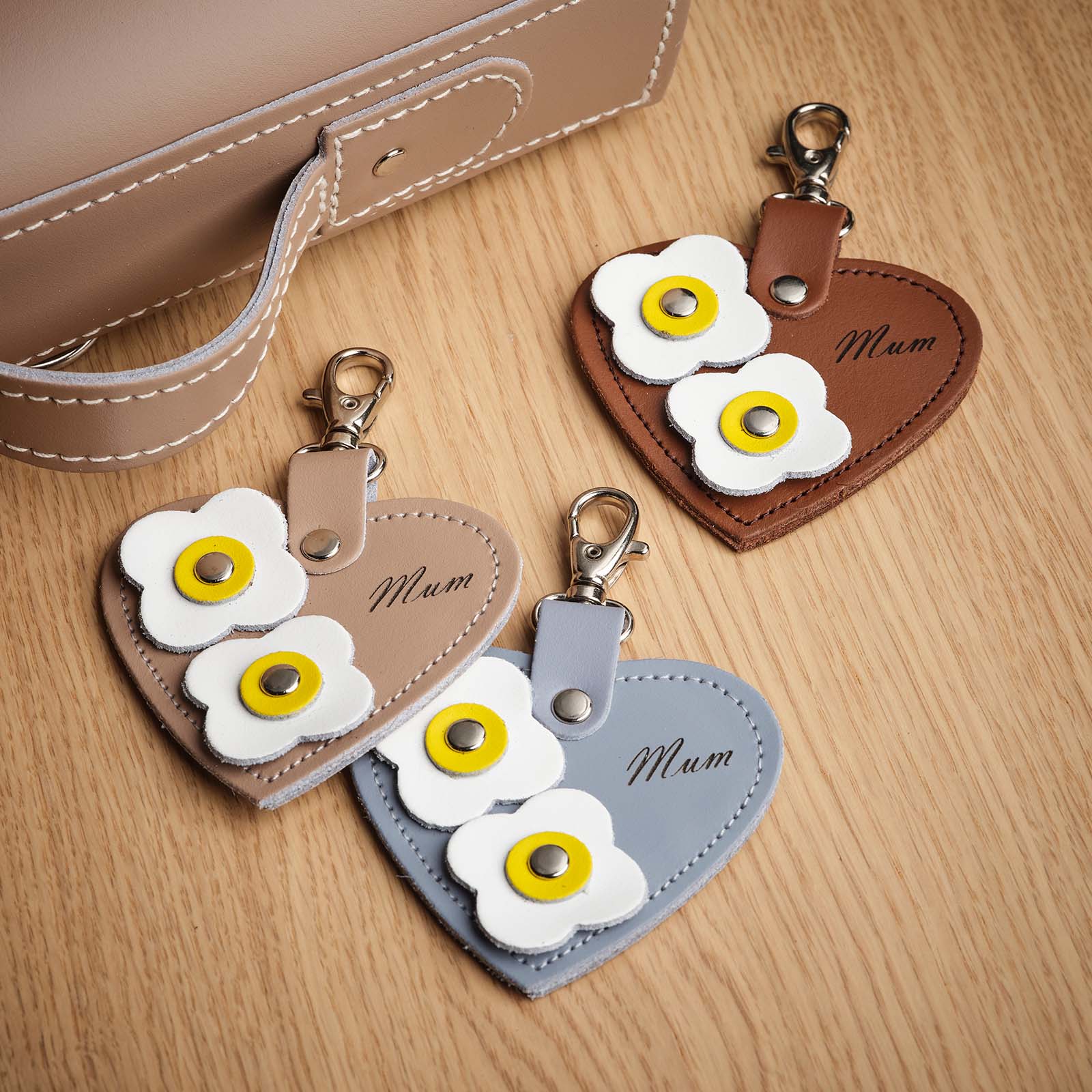 Mum Love Heart Leather Bag Charm with Flower Detail