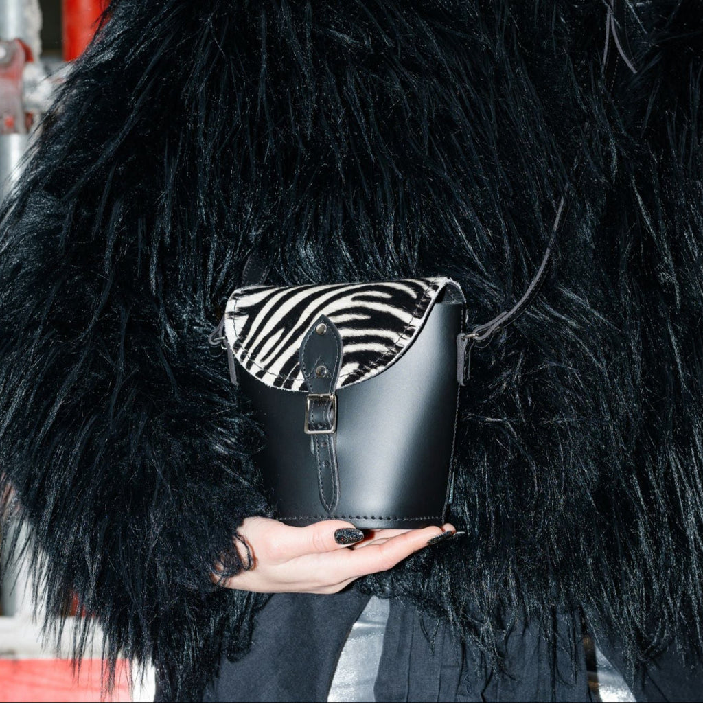 Handmade Leather Barrel Bag in Zebra Print