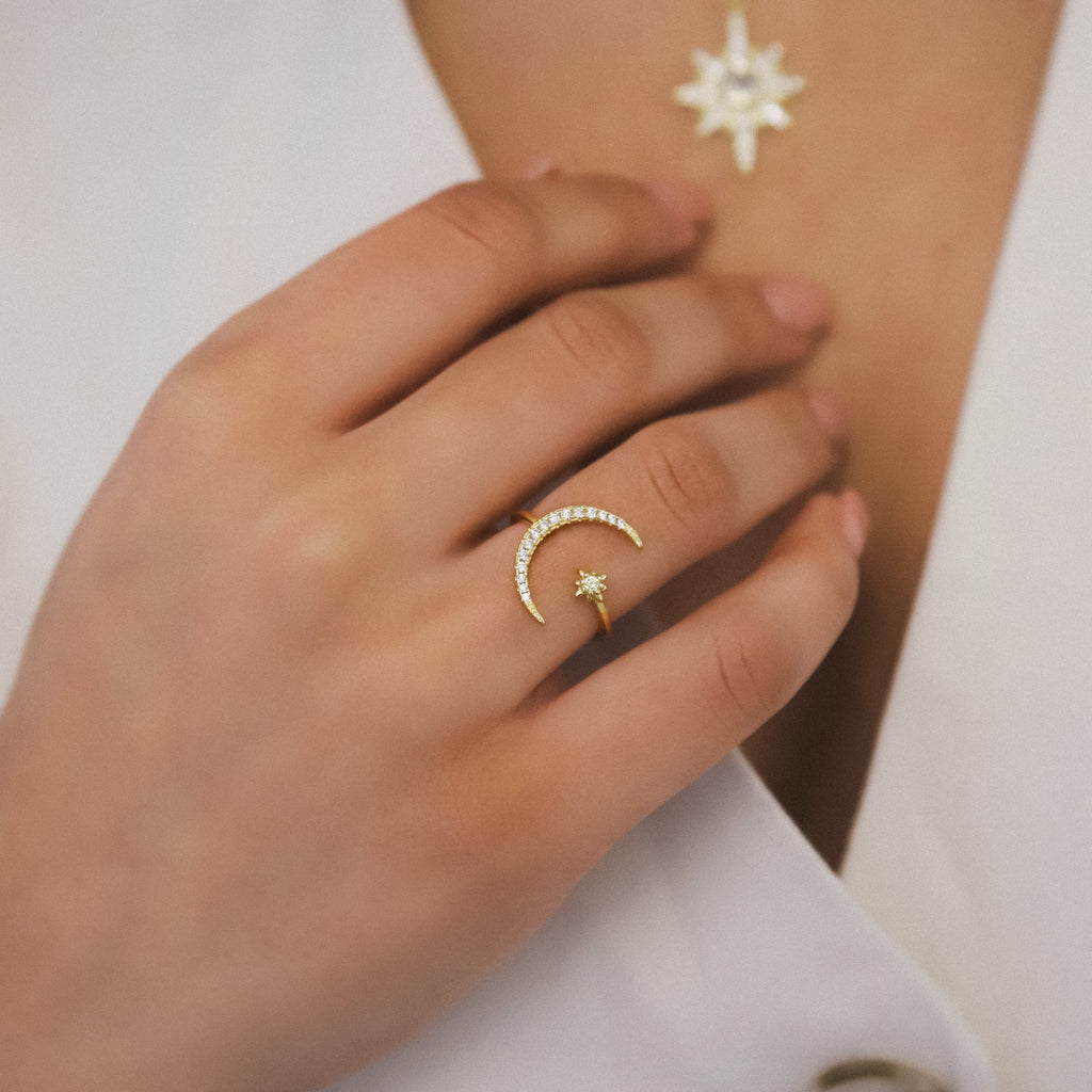 Star and Moon Birthstone Ring in 18K Gold Plated Silver